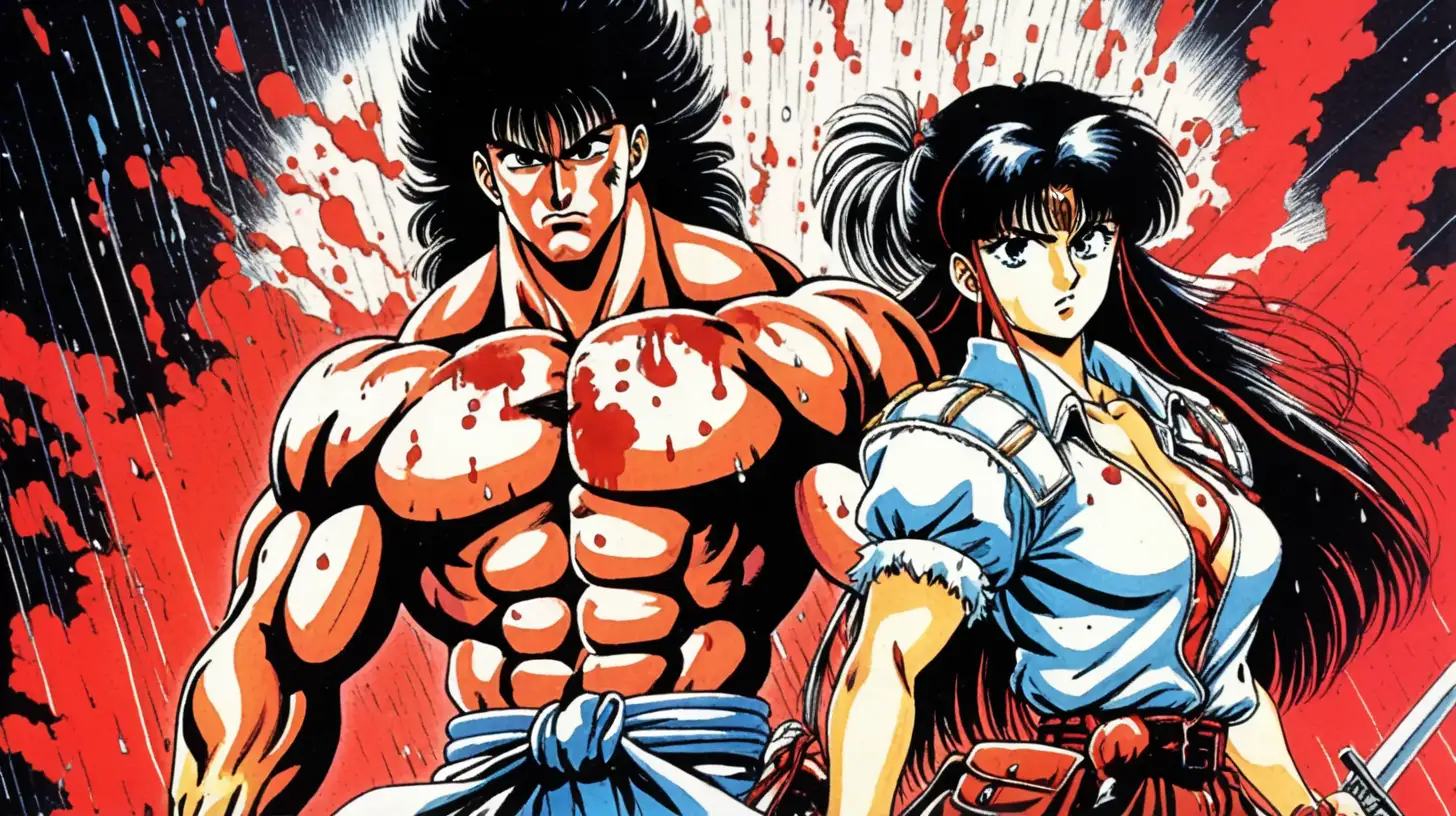 classic 80s shonen anime style, very brutal hairy muscular male with sexy female, dressed in battle outfit,  blood rain on background,
