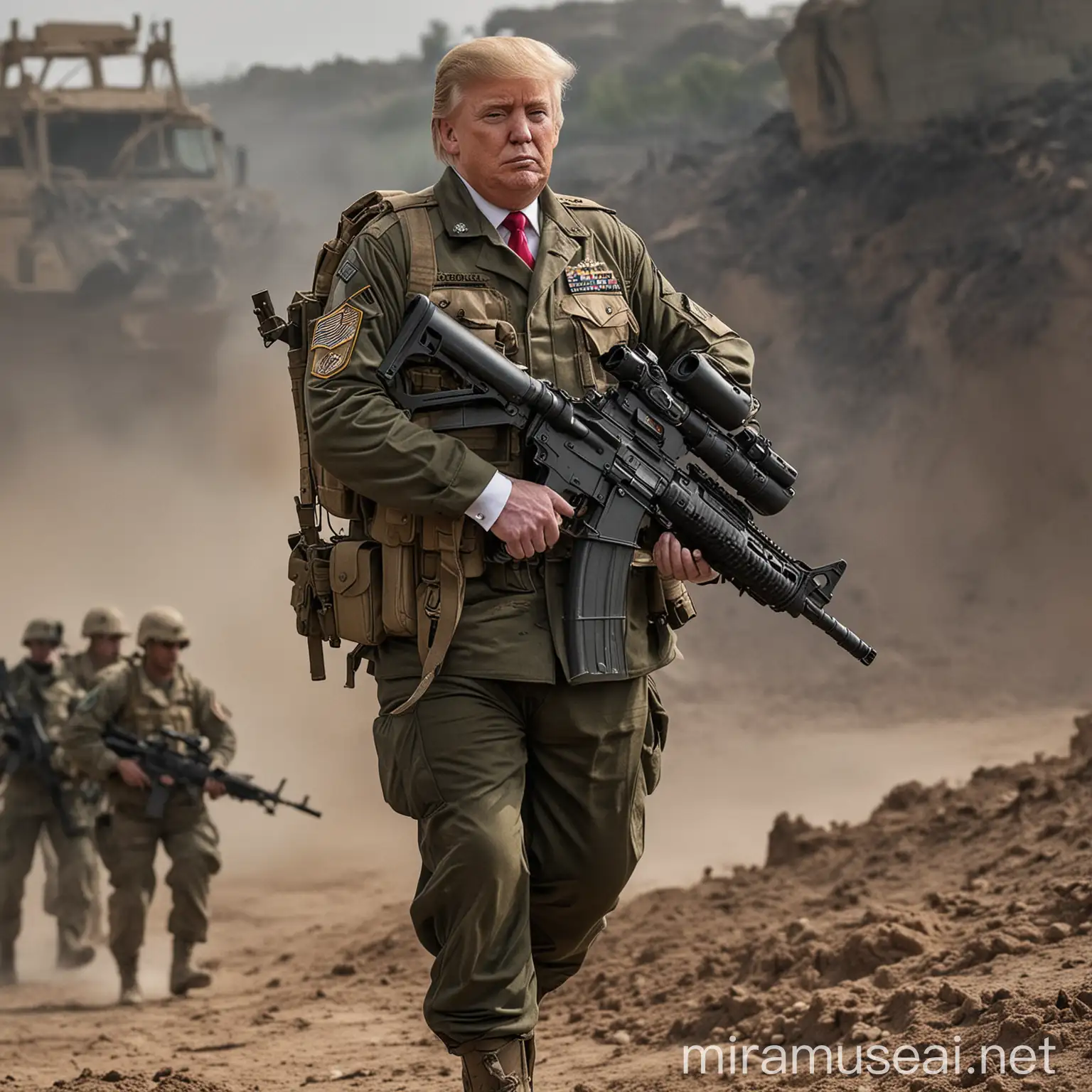 Donald Trump Armed with Rifle and Rocket Launcher