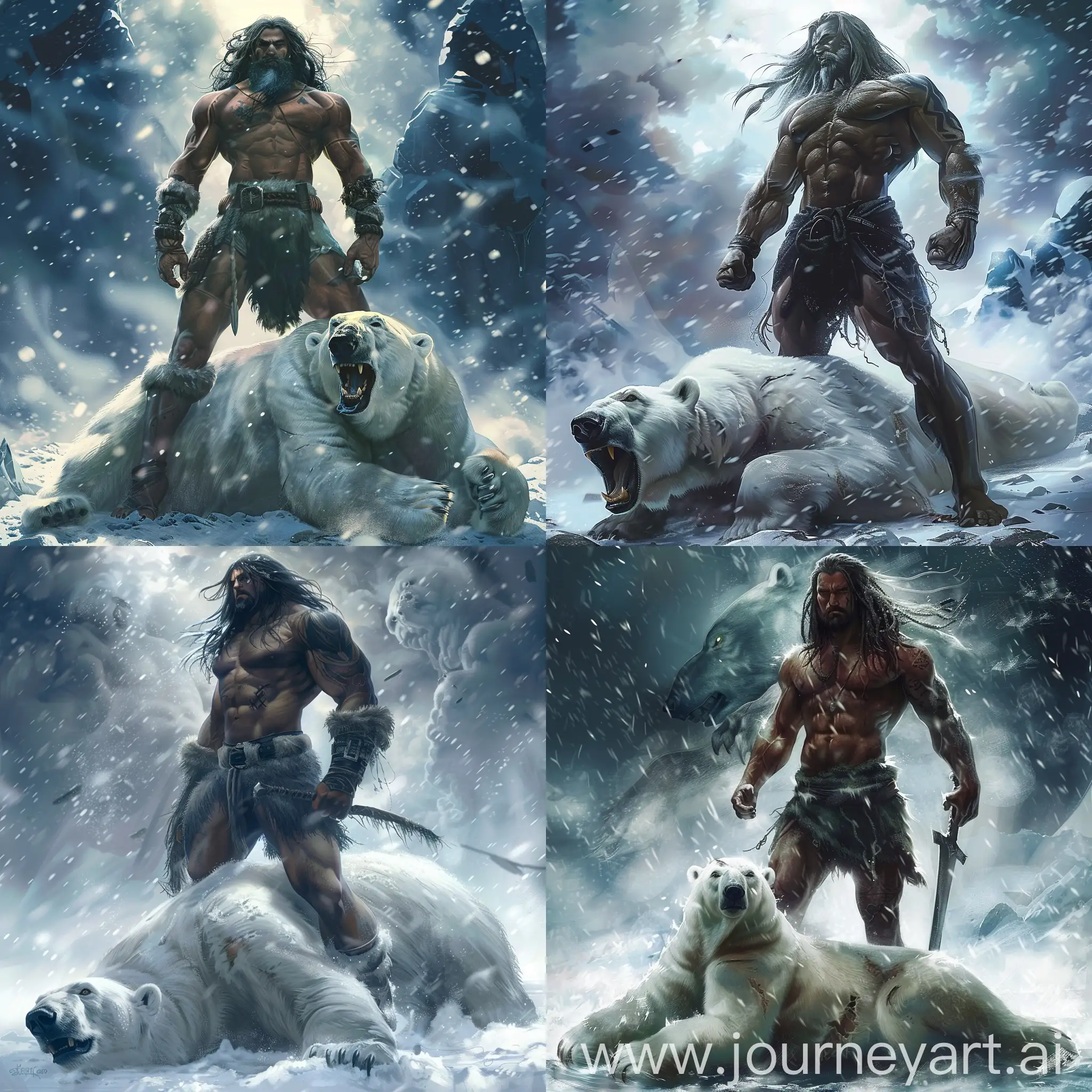 Muscular-Man-Victorious-Over-Polar-Bear-in-Anime-Snowstorm-Scene