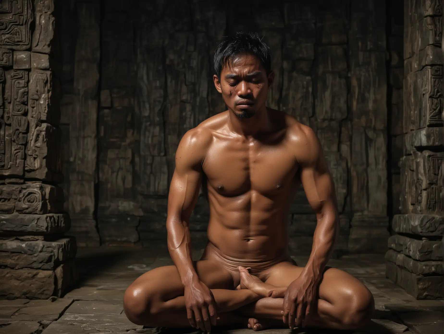 Emotional Indonesian Man Crying in Stone Temple at Night | AI Image  Generator