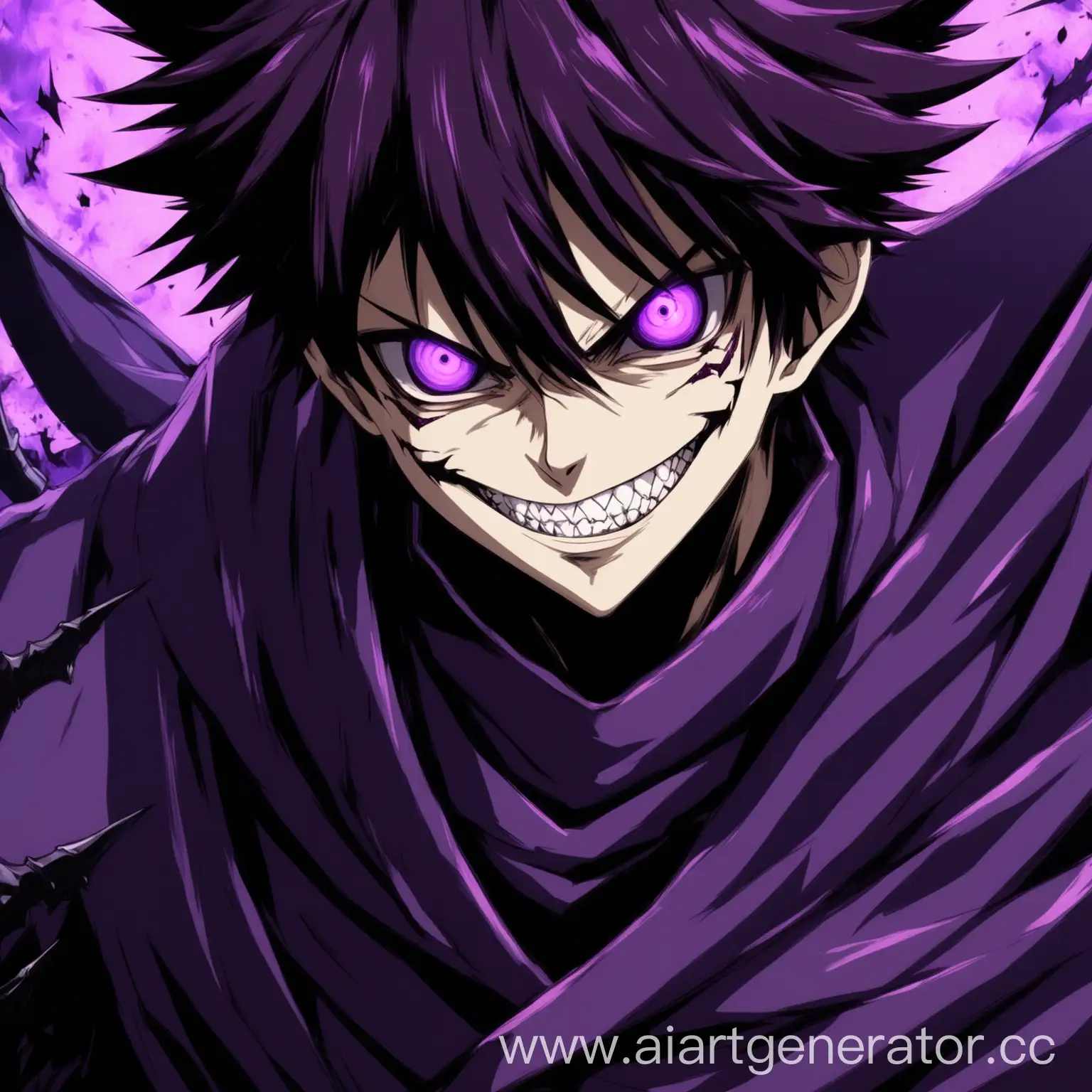 Аниме персонаж парень, с злобной улыбкой и фиолетовым цветом одежды смотрит злобно вперед