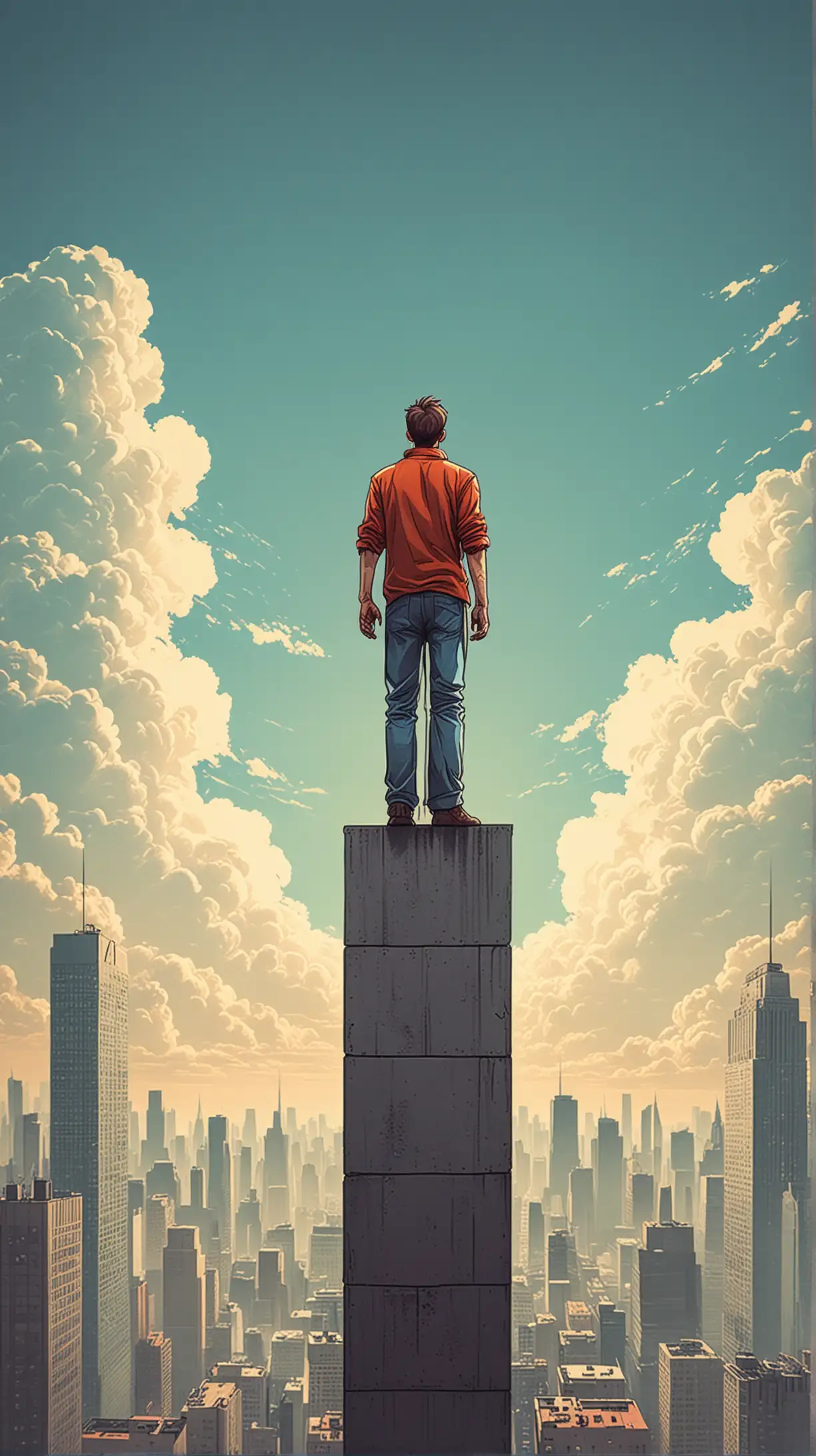 Cartoony color: With his back to us a man stands the roof of a sky scraper.  Simple background