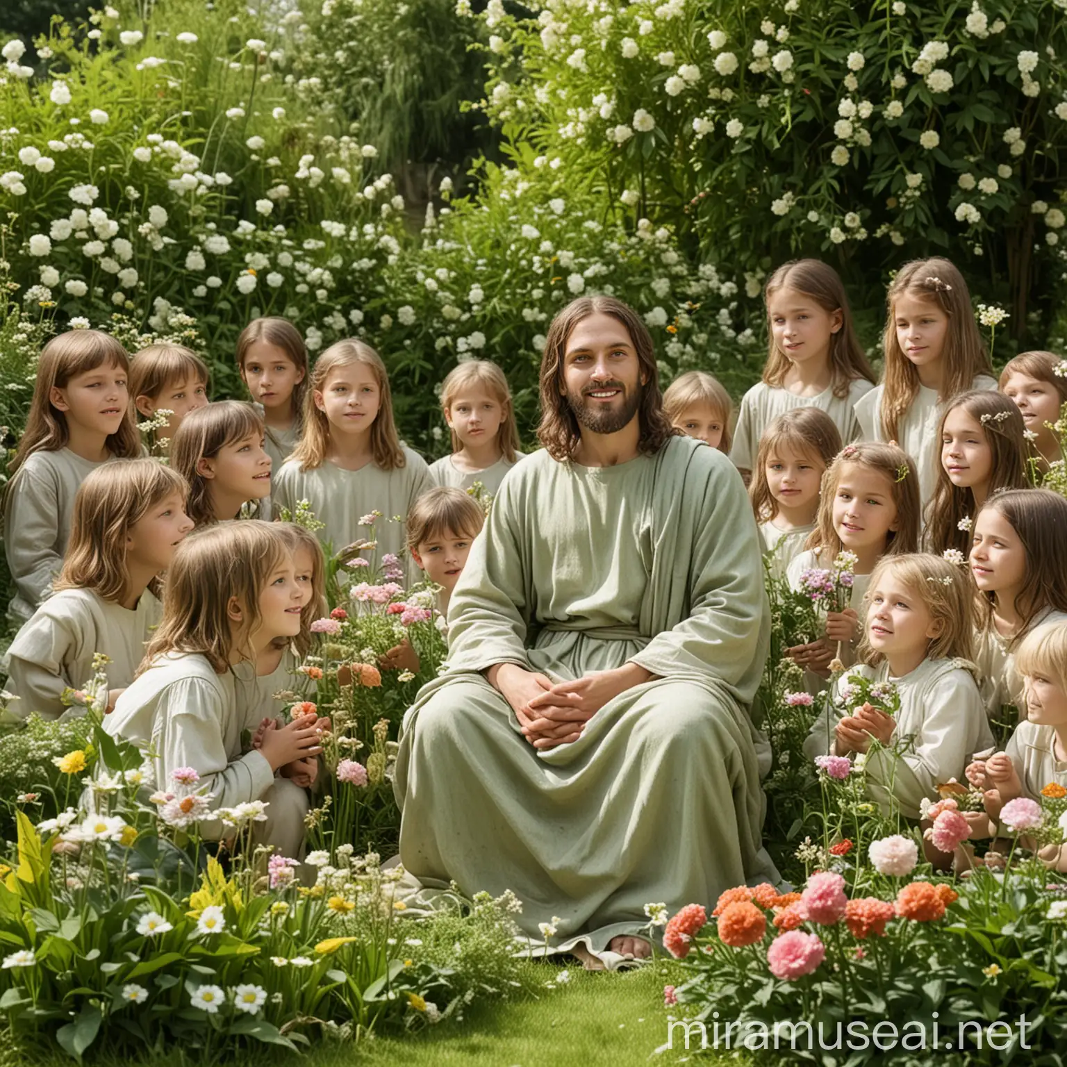 Christ Surrounded by Children in a Vibrant Garden