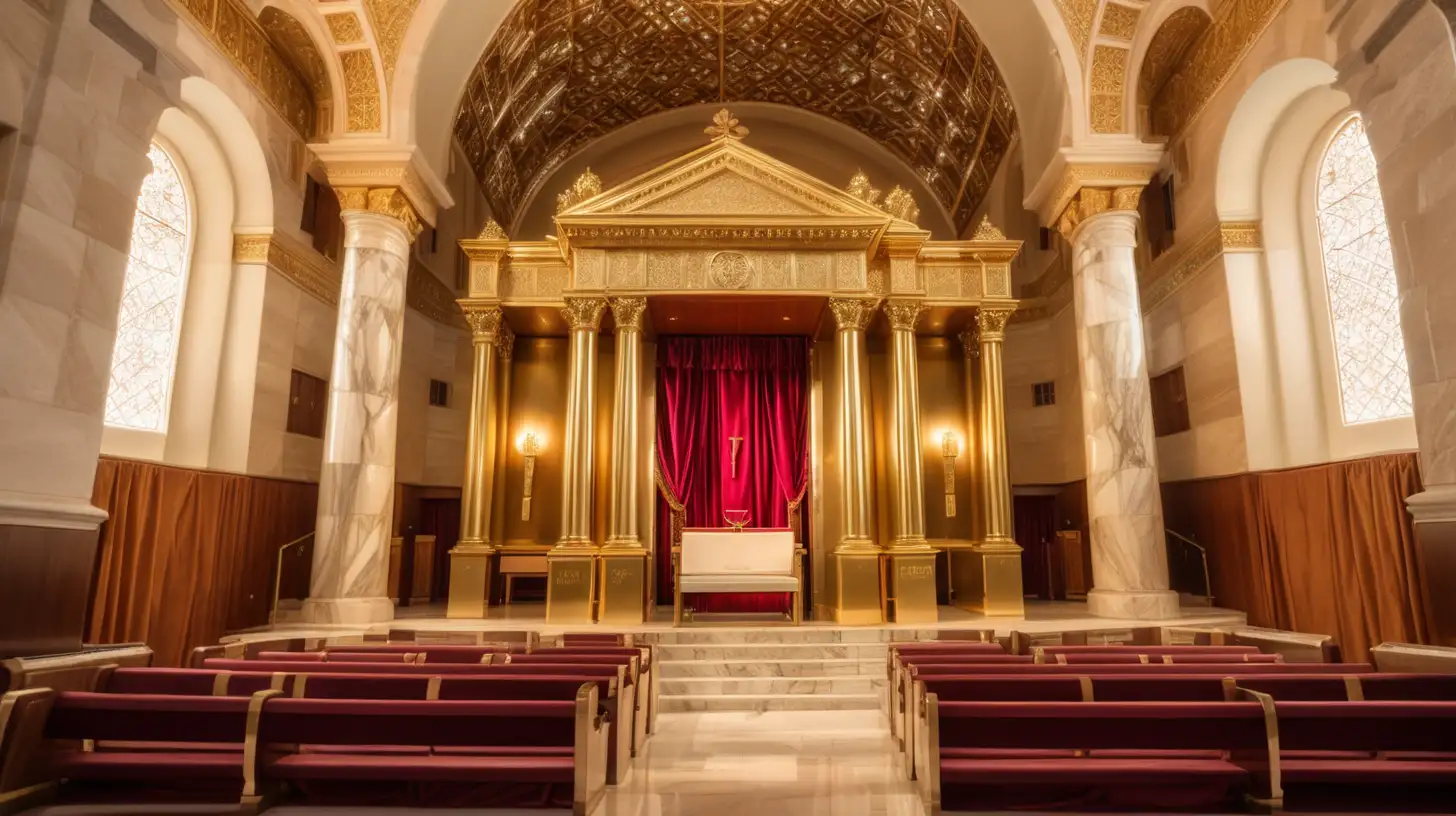 epoque biblique, une immense synagogue avec l'armoire de la Torah, lumière chaude, marbre, or, l'armoire fait au moins 5 mètres de haut et est en or, bancs en bois tournés vers l'armoire, devant l'armoire un rideau en velour rouge