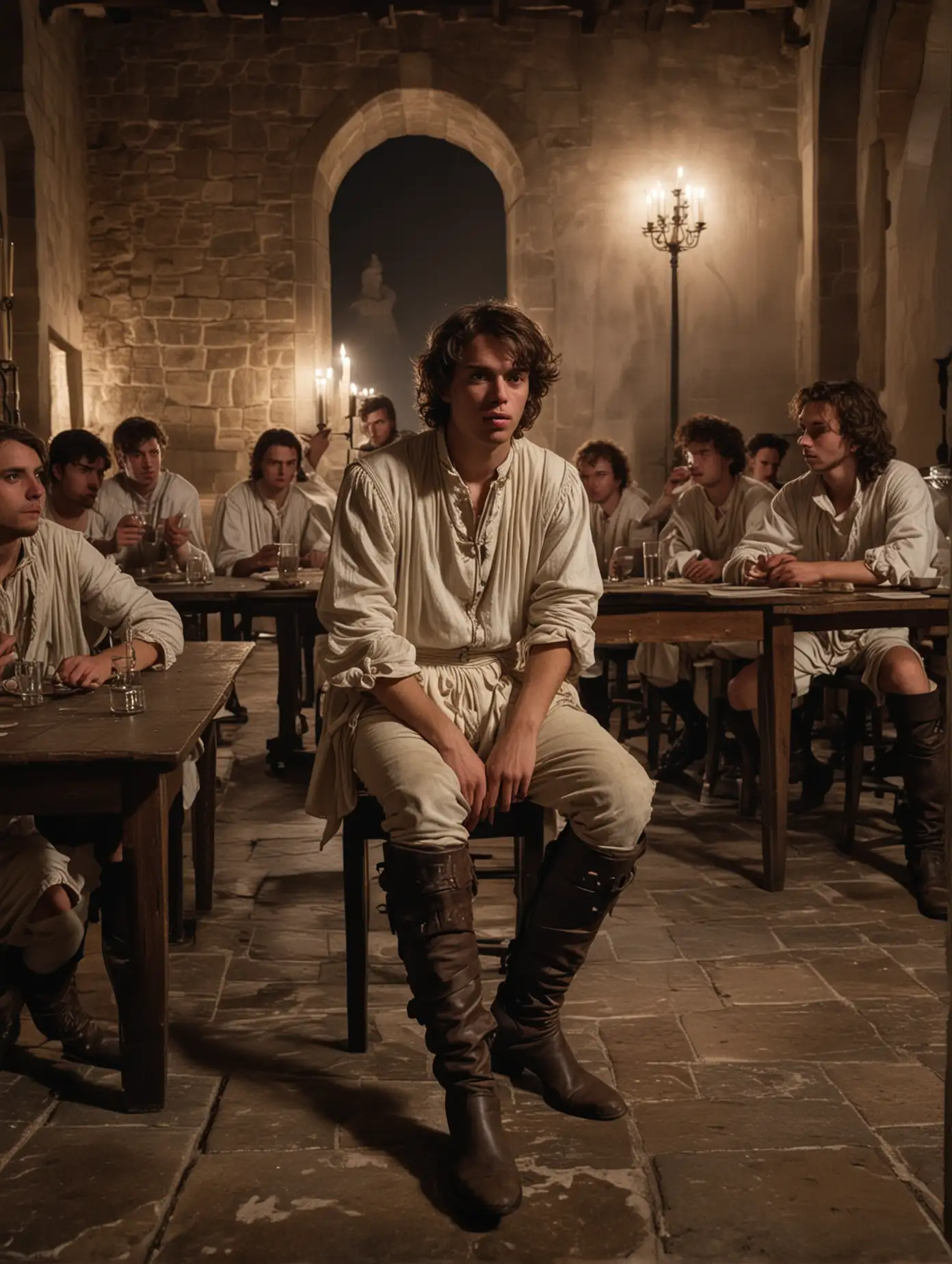 A hall in a 17th century castle, with young men sitting on a tables and drinking, dressed with light clothing, boots, serious, startled, amazed staring at the camera, at night, Shot from the floor.