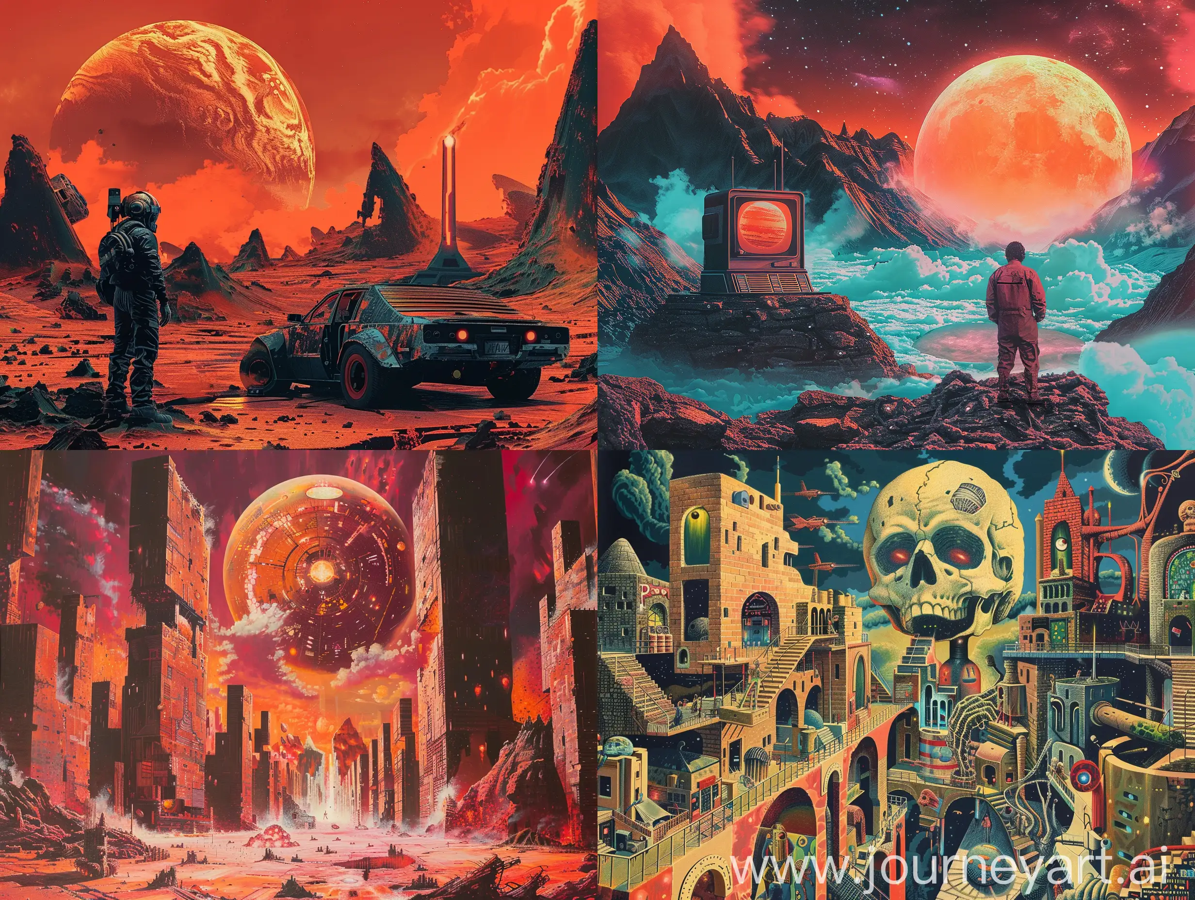 The illustration features a futuristic design with realistic textures and a retro-futuristic aesthetic. It depicts history of hell with a nostalgic 80s and 70s retrofuturism vibe. It is a full view artwork reminiscent of Norman Rockwell's painting.


