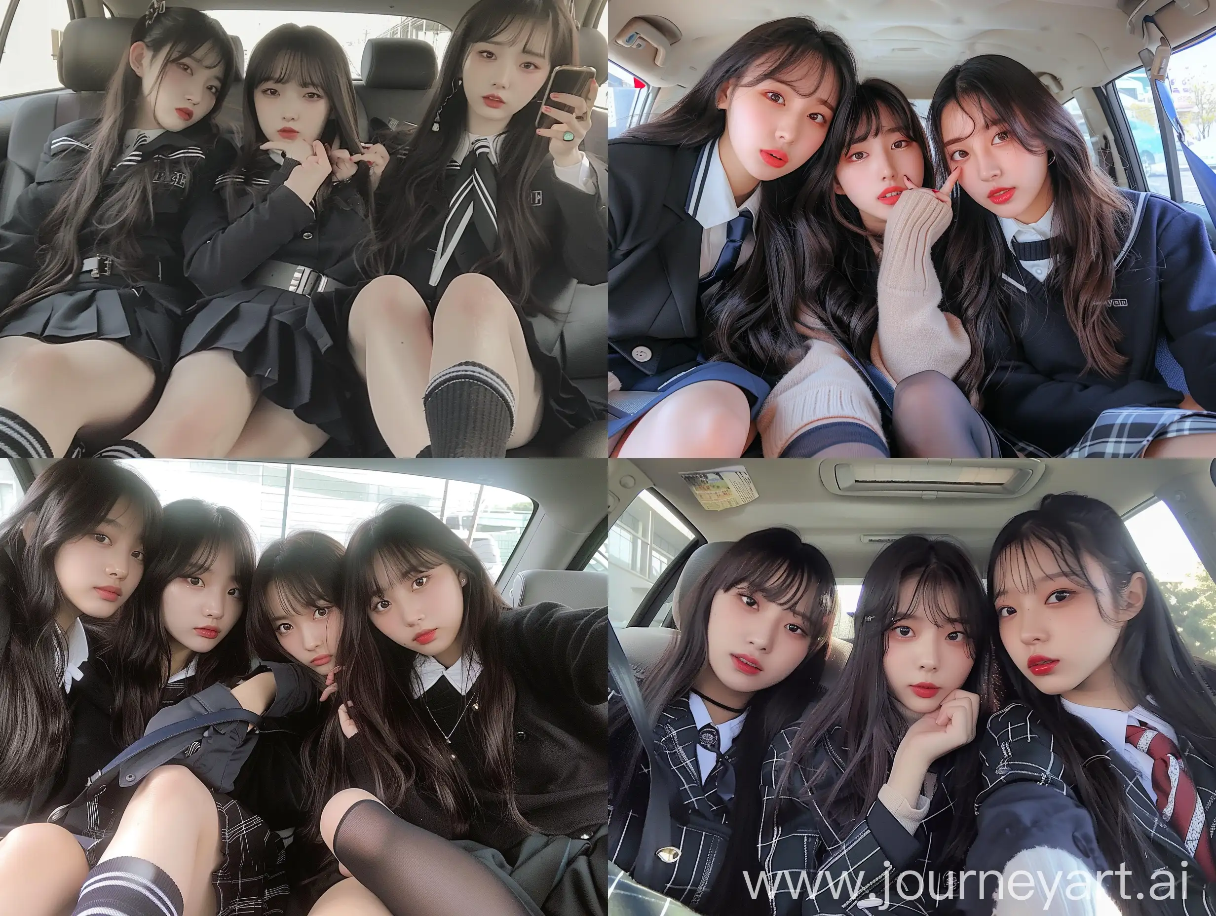 3 korean girls, long  hair ,bangs, fringed hair, 22 years old, inside car, influencer, beauty ,, black rbd school uniform, makeup,, sitting on car , fat legs,  socks and boots, no effect, selfie , iphone selfie, no filters , iphone photo natural