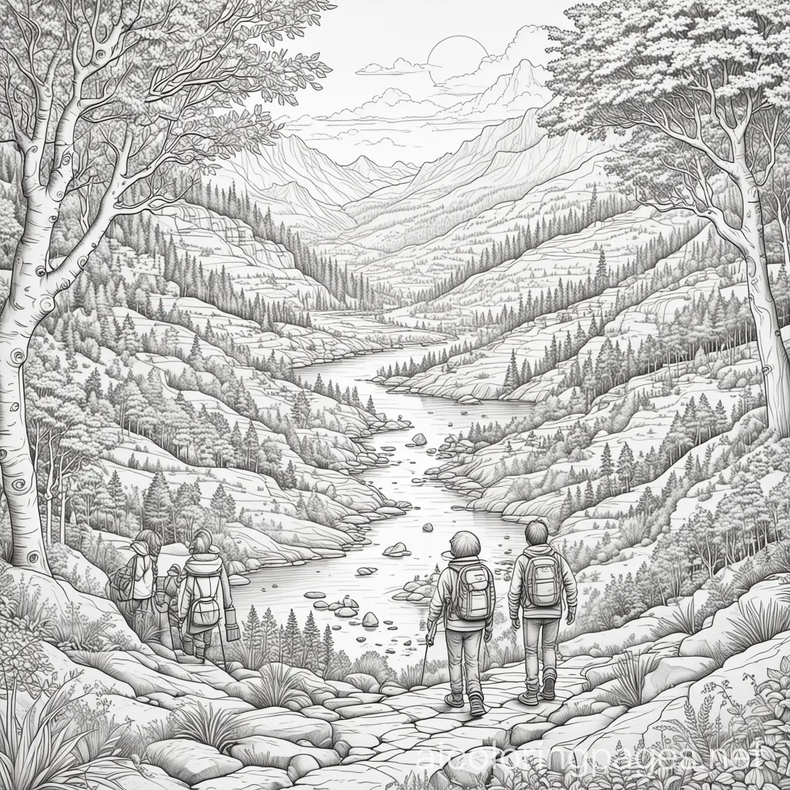 A serene nature scene with many people engaging in various offline activities, reading, hiking, and playing board games. Colouring Page, black and white, line art, white background, Simplicity, Ample White Space. The background of the colouring page is plain white to make it easy for young children to colour within the lines. The outlines of all the subjects are easy to distinguish, making it simple for kids to colour without too much difficulty ,, Coloring Page, black and white, line art, white background, Simplicity, Ample White Space. The background of the coloring page is plain white to make it easy for young children to color within the lines. The outlines of all the subjects are easy to distinguish, making it simple for kids to color without too much difficulty