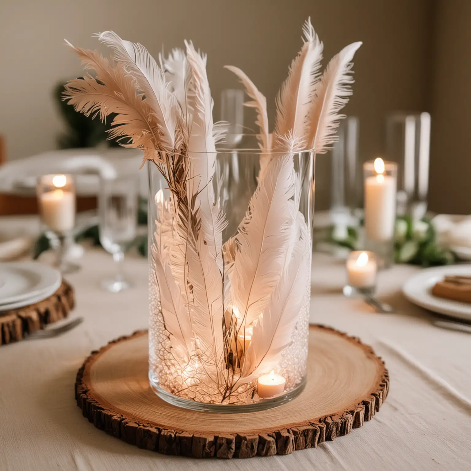 a DIY wedding centerpiece with a glass cylinder vase for a boho wedding filled with boho feathers