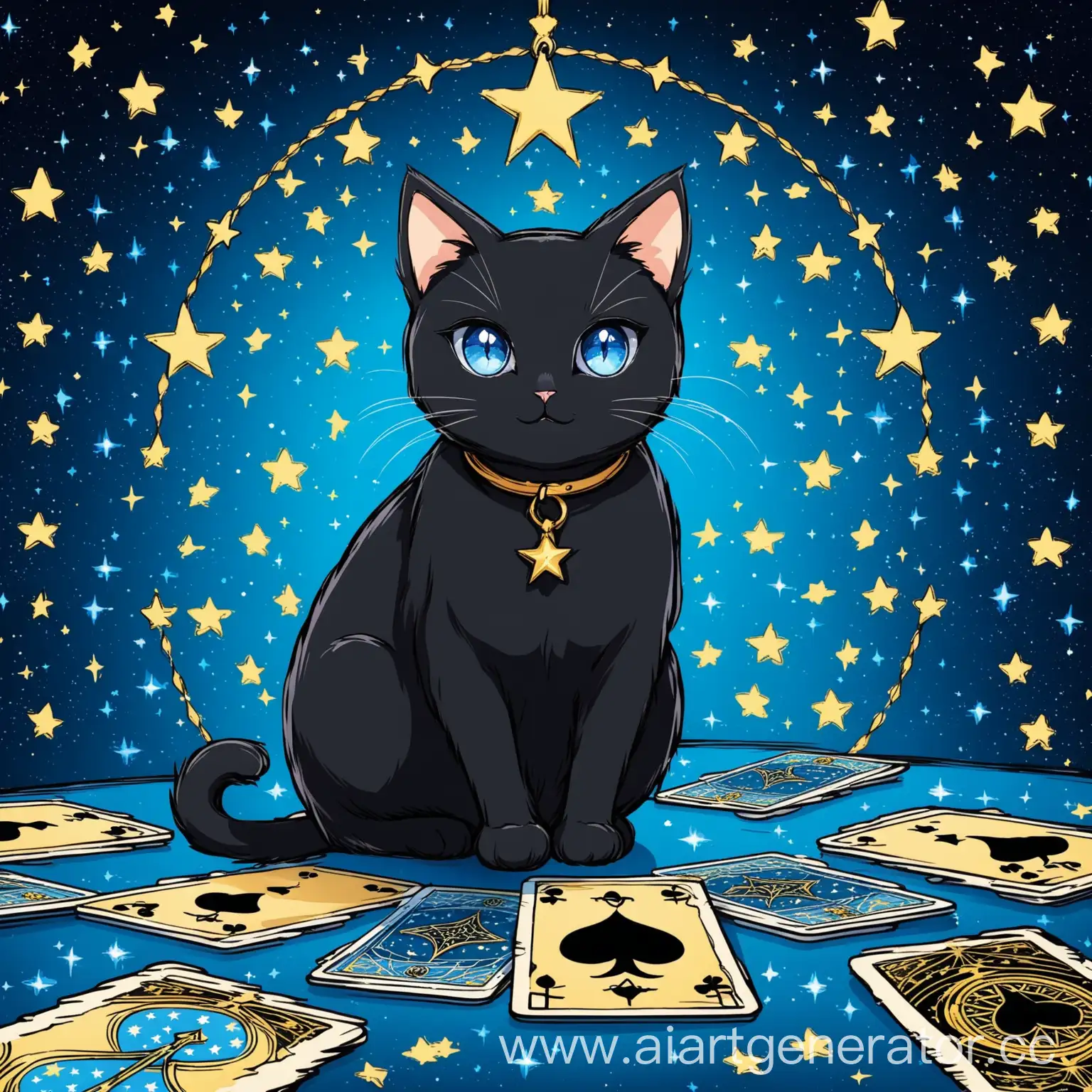 Mystical-Black-Cat-with-Blue-Eyes-and-Tarot-Cards-on-Blue-Starry-Background