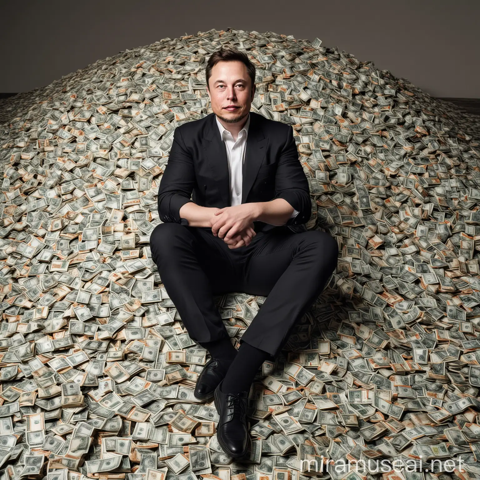 Entrepreneur Elon Musk Sitting on a Pile of Money