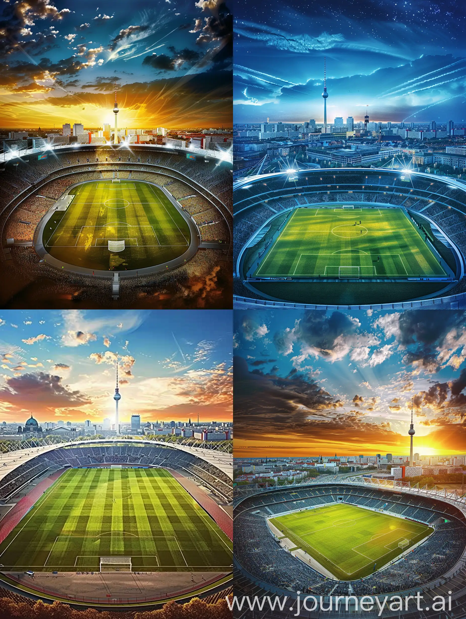 create a soccer poster 24 with modern soccer stadium with Berlin city on the background