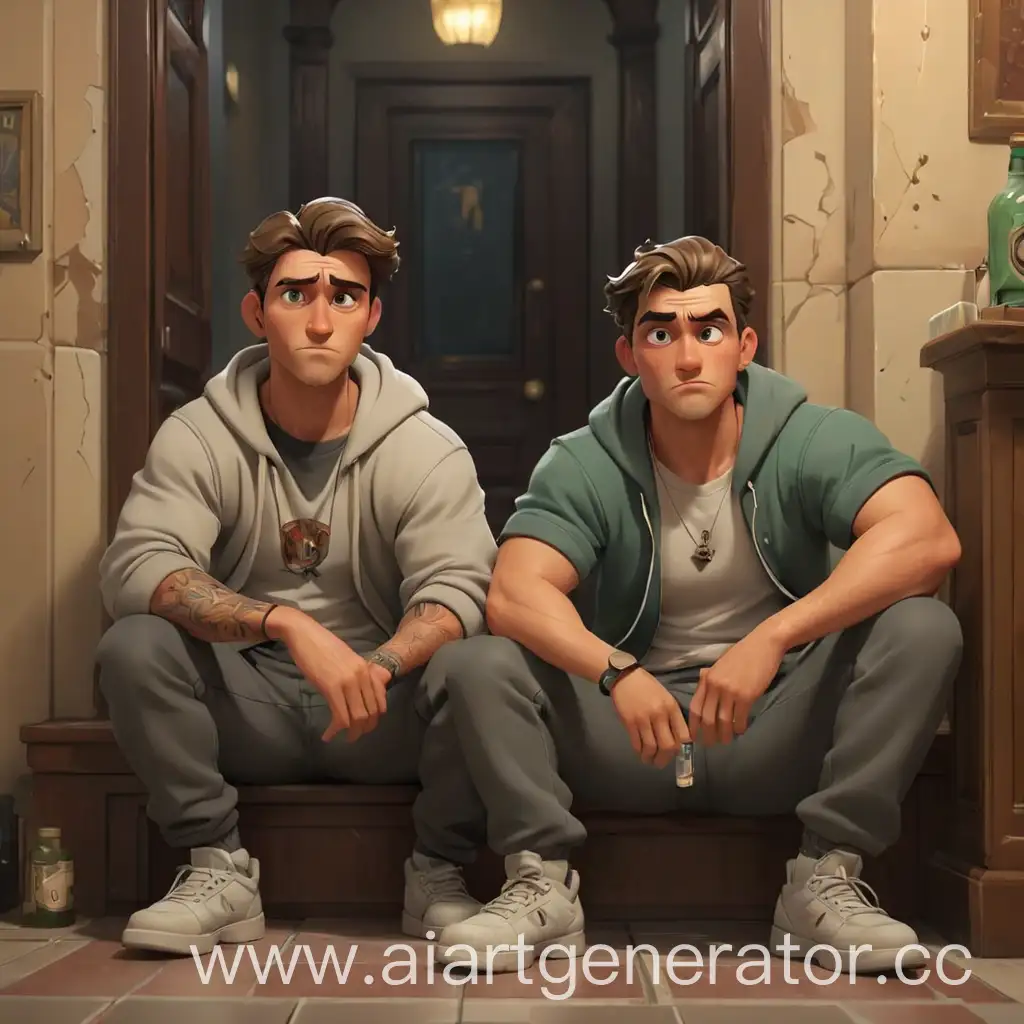 Cartoonish-Thug-Duo-Relaxing-with-a-Bottle-in-Entrance-Hall