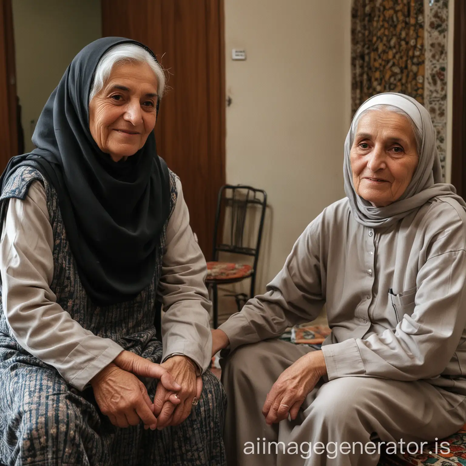photo of a caretaker next to an Iranian elderly woman that he takes care of in her house