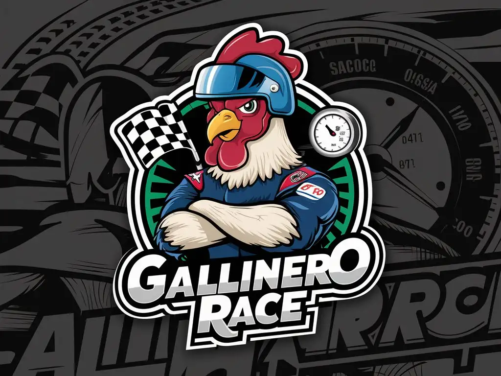 A rooster with a helmet and racing outfit with his arms crossed with a racing theme to be used as an emblem for a car racing team. Include text "Gallinero Race"