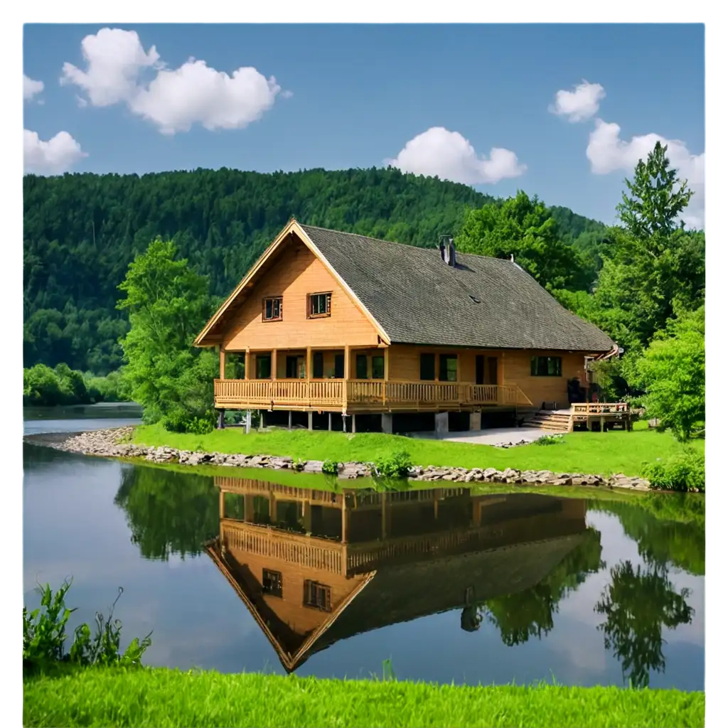 Stunning-PNG-Image-Serene-Wooden-House-by-the-Riverside-in-Perfect-Weather