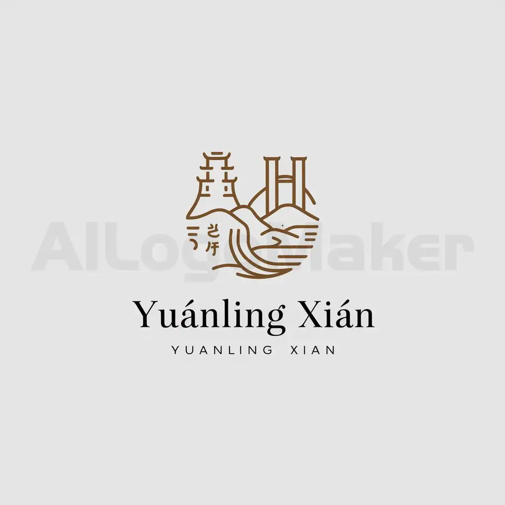 a logo design,with the text "Yuánlíng Xiàn", main symbol:historical feeling, ancient buildings, Feng Huang Mountain, Phoenix Tower, Yuan River, Phoenix Sandbank Dam,Minimalistic,be used in Others industry,clear background