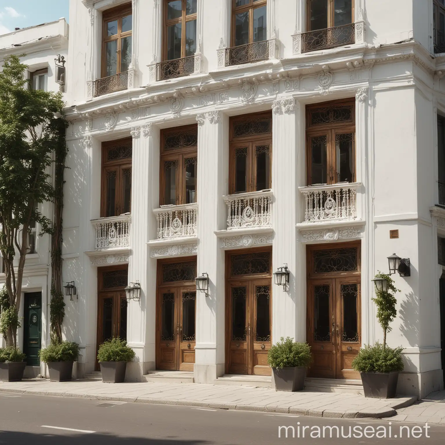 Modern Fashion Design Company Building with Antique Wooden Features and Ornamental Plants