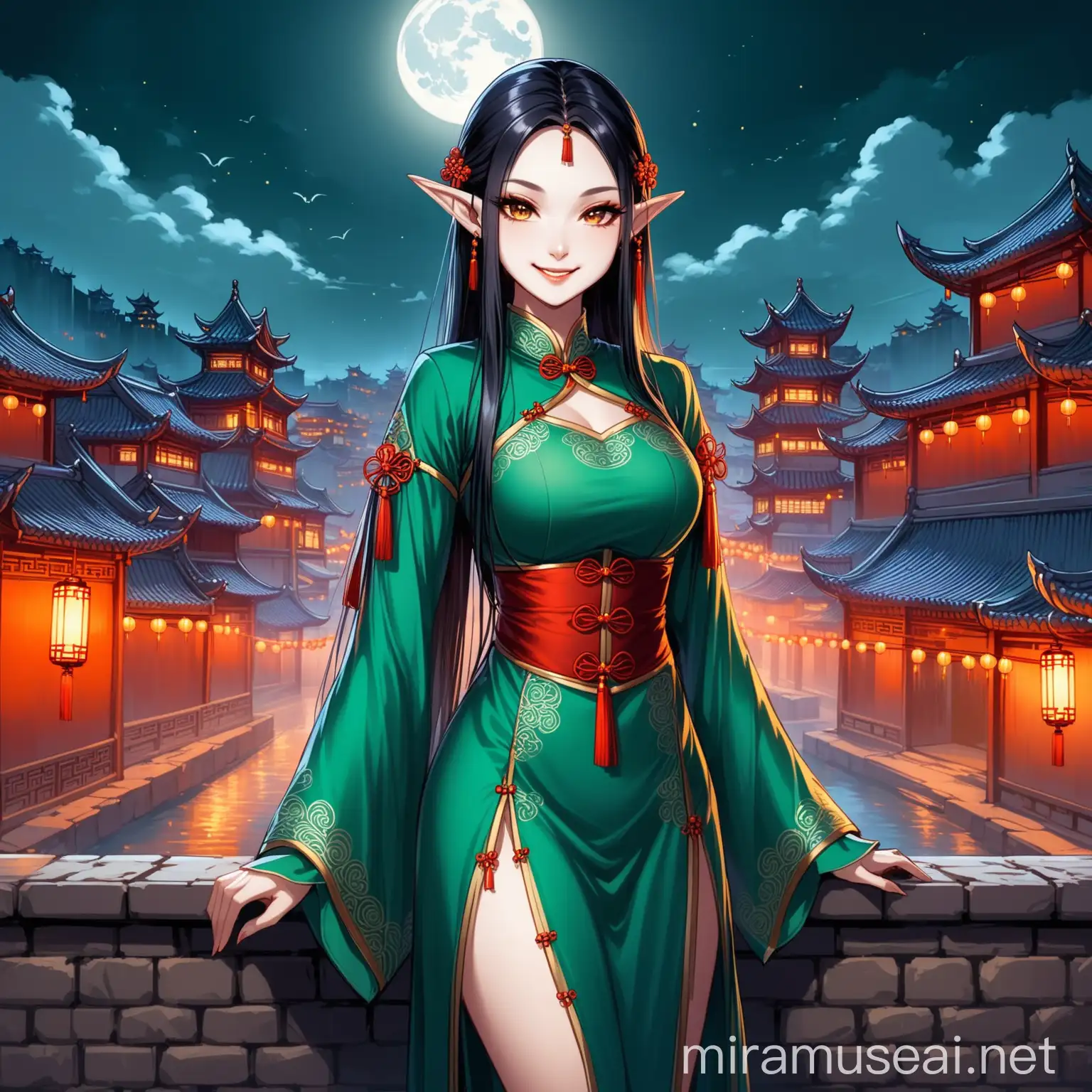 Noble Elf Female Smiling Evilly under Full Moon in Medieval Chinese City