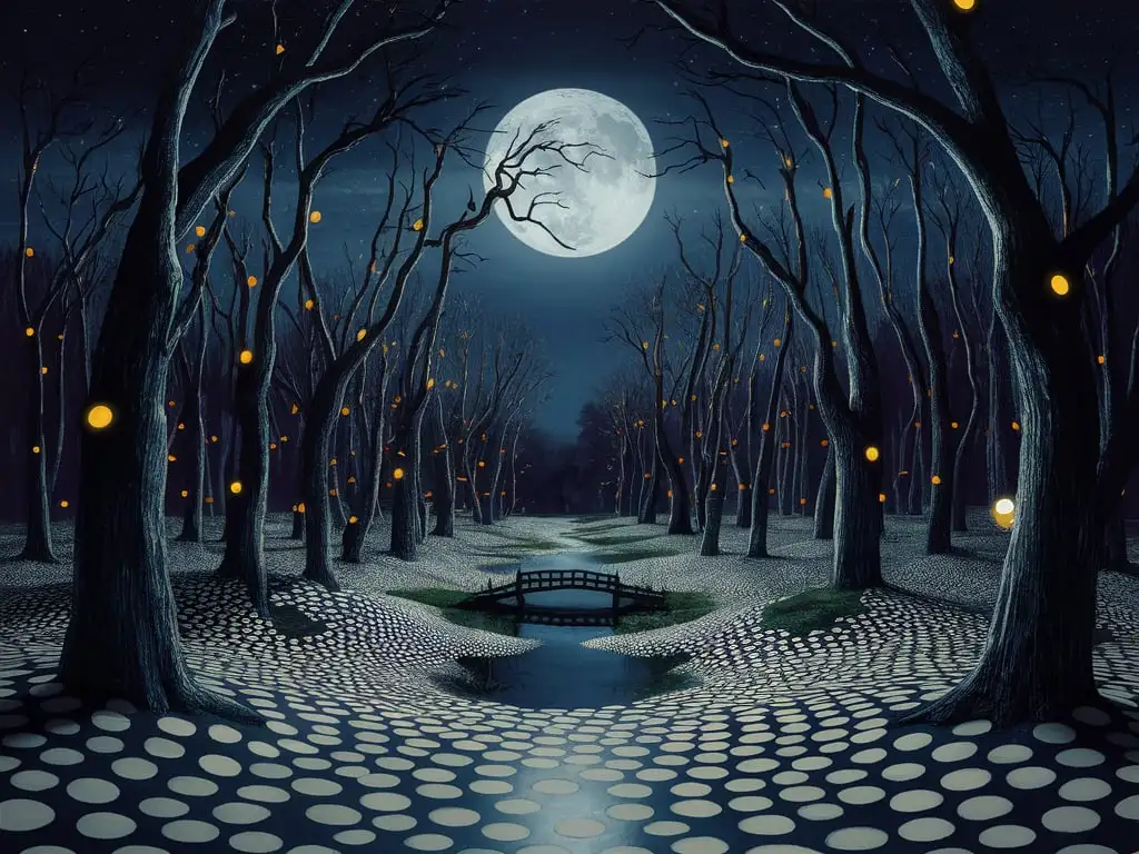 moonlit night, , uninhabited forest , realism, Yayoi kusama style