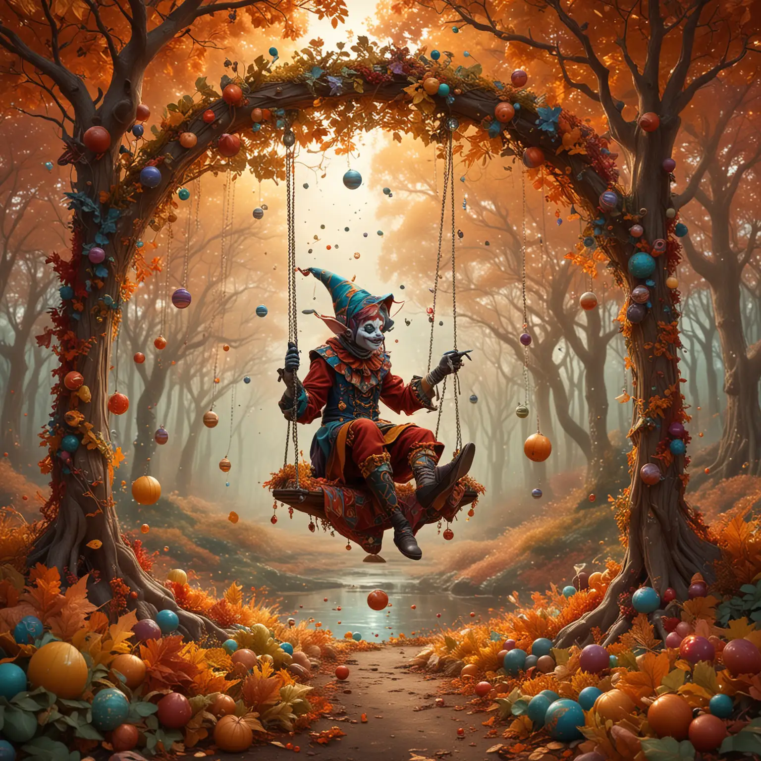 A whimsical and fantastical autumn scene with a colorful jester-like figure swinging on a swing amidst a backdrop of vibrant fall foliage, floating orbs, and swirling patterns. The prompt could be: 

A surreal, dreamlike autumn scene featuring a jester-like character on a swing surrounded by a swirling, fantastical landscape of colorful leaves, floating orbs, and intricate patterns, in the style of Chris B.