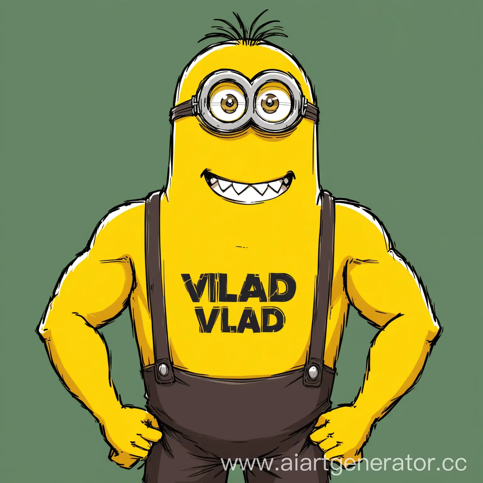 A muscular yellow Minion wearing a T-shirt with 'Vlad' written on it