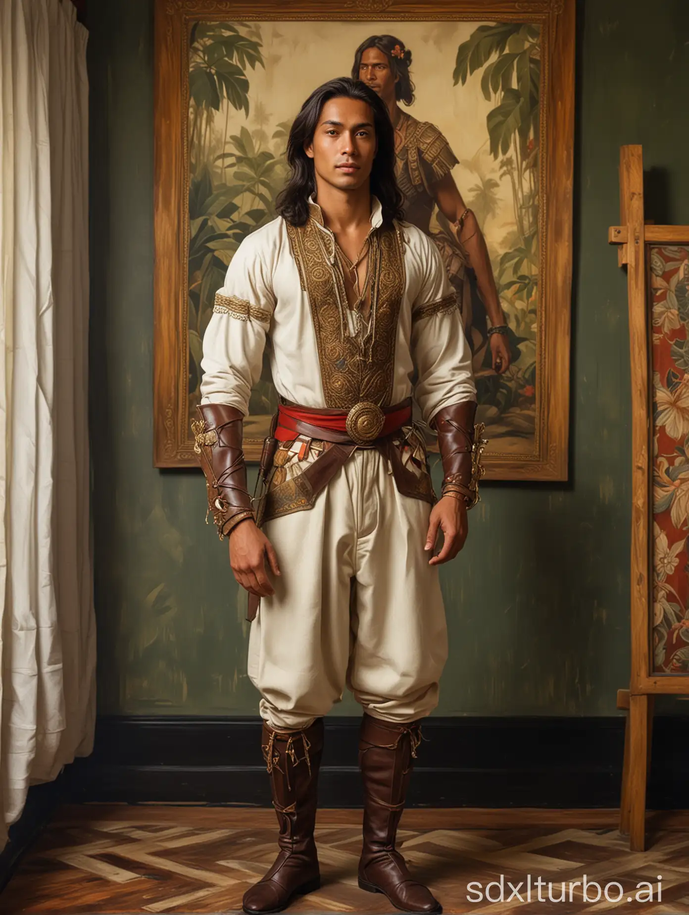 A full-body shot of a handsome, tall, and muscular Manado-Java descent guy with shoulder-length hair in an explorer-traditional costume, with a background of an anthropologist room in the style of painting by Leyendecker.