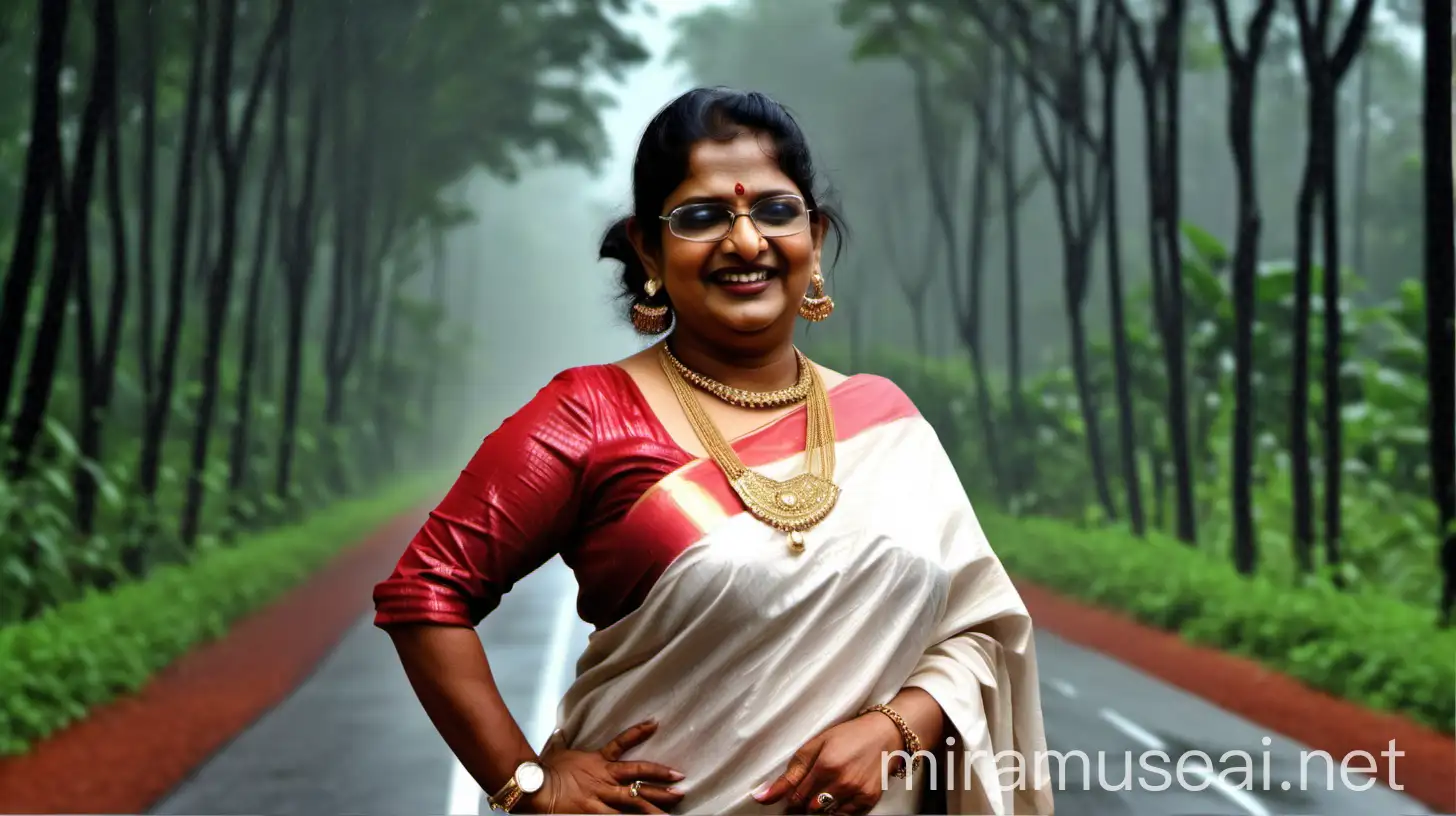 a indian mature  fat woman having big stomach age 45 years old attractive looks with make up on face ,binding her high volume hairs, open Hairstyle. wearing metal anklet on feet and high heels ,   . she is happy and smiling. she is wearing  neck lace in her neck , earrings in ears, a gold spectacles with chain holder on her eyes and wearing wet white cotton saree and a half red blouse  on her body. she has a vanity bag on her shoulders. she is standing  on a lonely forest high way enjoying the rain  showing hand for lift ,  and its day time . its raining very heavy . a sports car is comming.