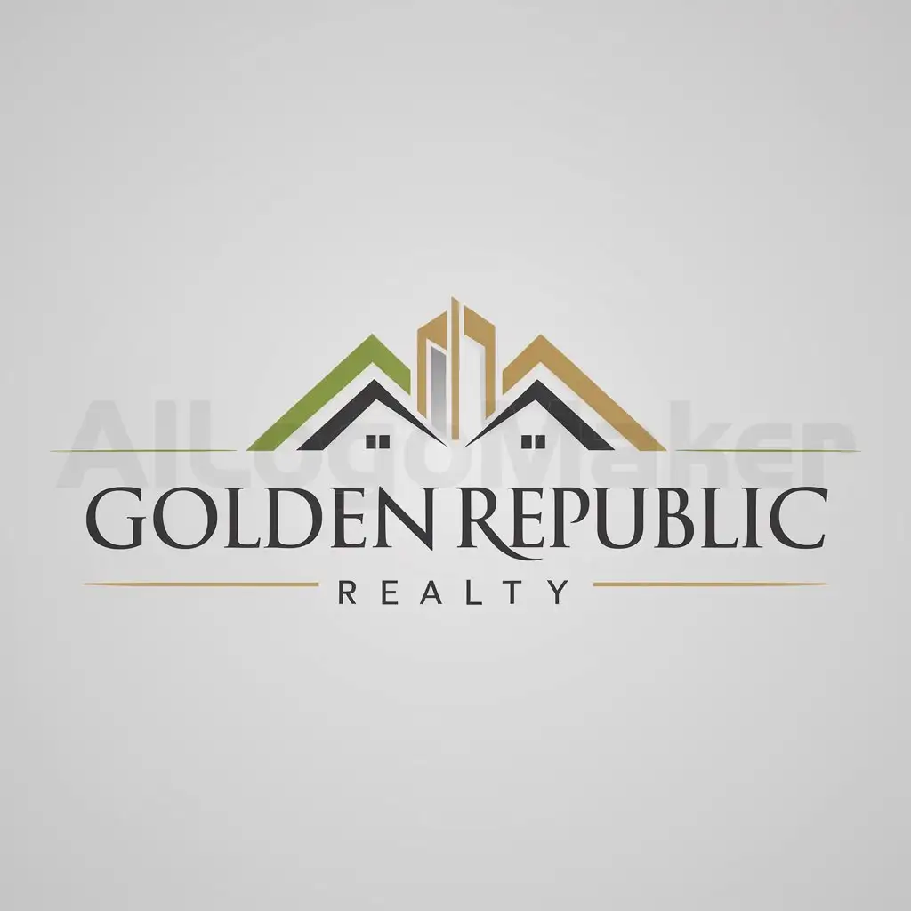 a logo design,with the text 'Golden Republic Realty' vibrant . 'Golden Republic Realty', main symbol:mountains with building, Moderate, be used in Real Estate industry, clear background, using colors: green, gold, and black