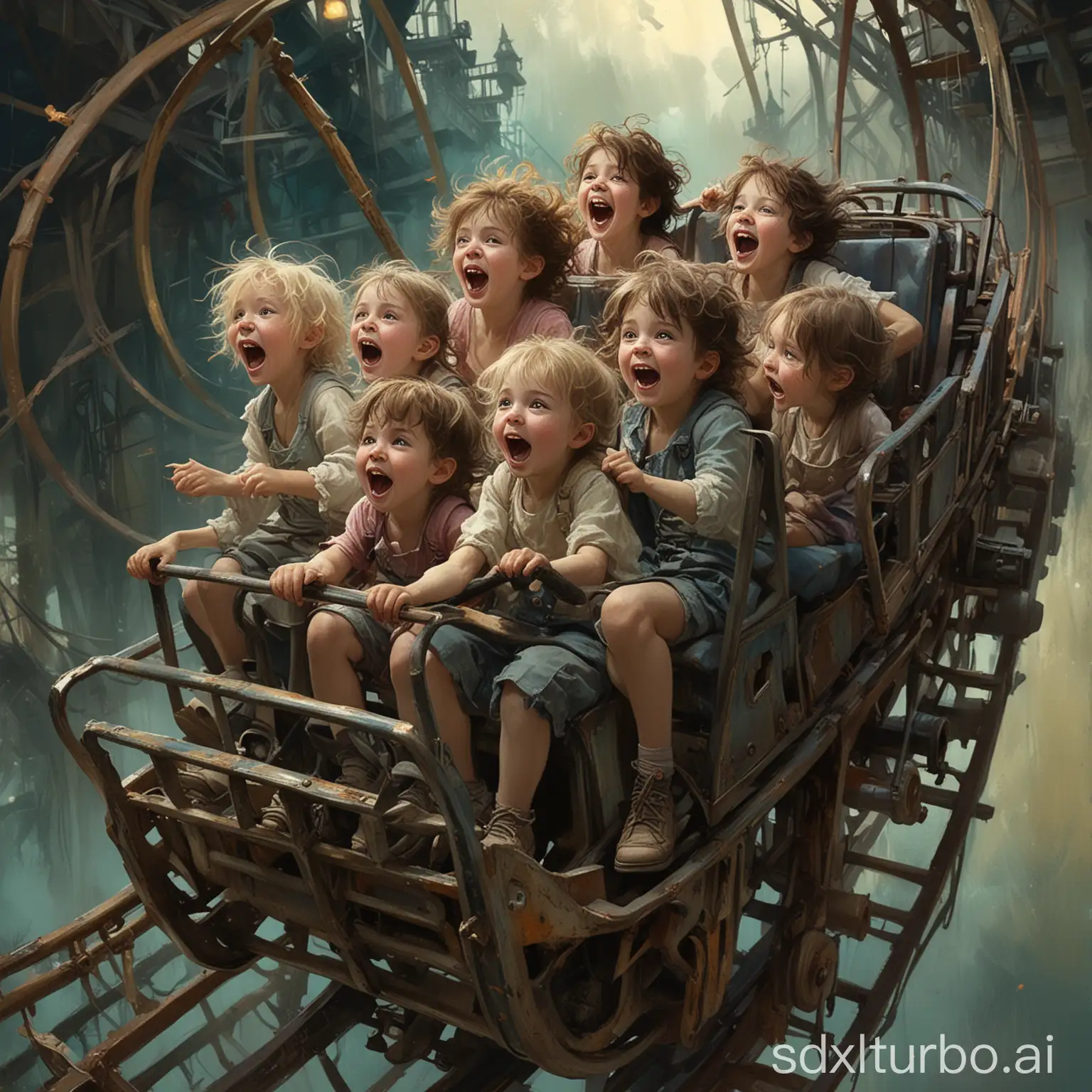 A group of children sitting in a roller coaster, screaming, going down, fun times,in the style of Harrison Fisher and Brian Froud and Jeremy Mann,  
Whimsical, vibrant colors, gloss, sweetness, surreal, thick brush strokes, layered textures, mythical, magical.