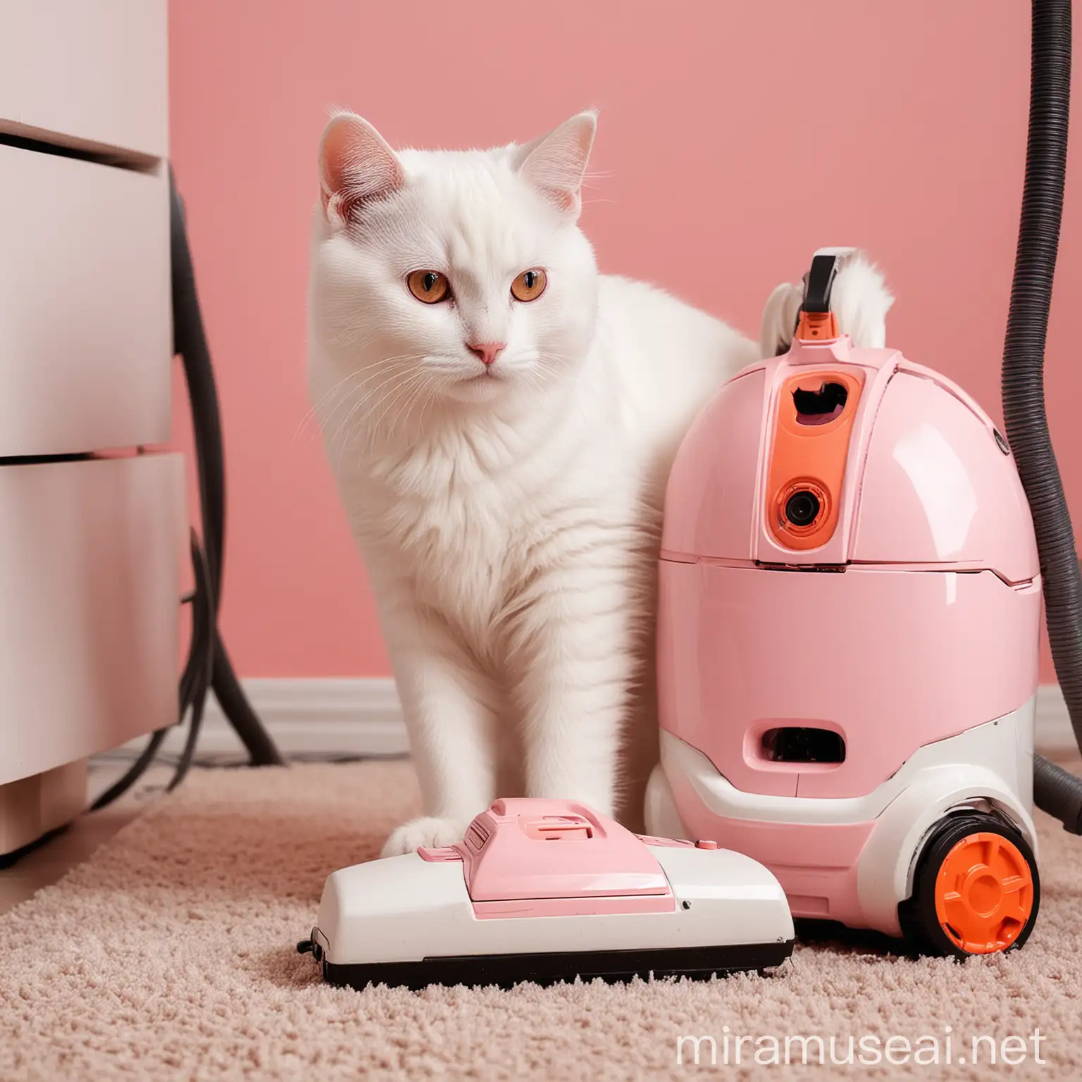 Белый котик смотрит на работающий пылесос. В розовых и оранжевых тонах