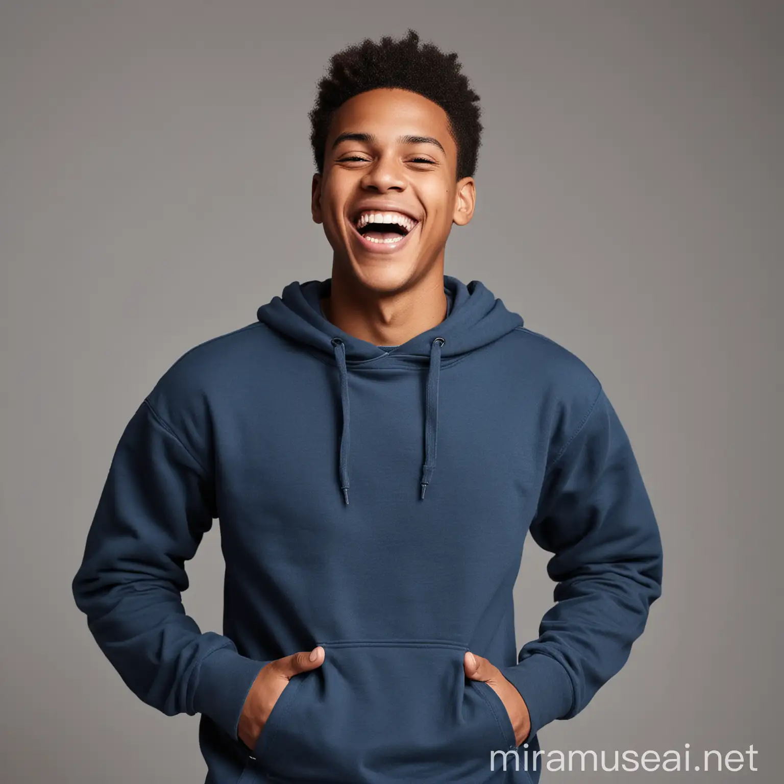 Cheerful African American young man , putting on blue sweatshirt , laughing , facing camera , posing with hands in pockets against gray space
