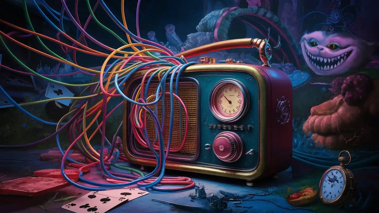 A painting of an old time radio in Lewis Carroll's Wonderland, vivid neon colors and colored wires everywhere.
