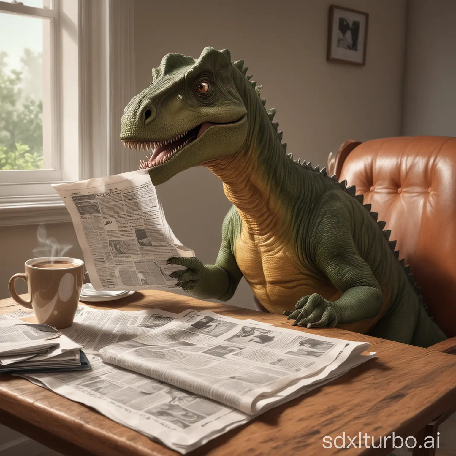 A drawing of a dinosaur sipping coffee and reading a newspaper. The dinosaur has a small reading glass in its eye, with a cup of coffee on the table and a bag on the nearby chair.