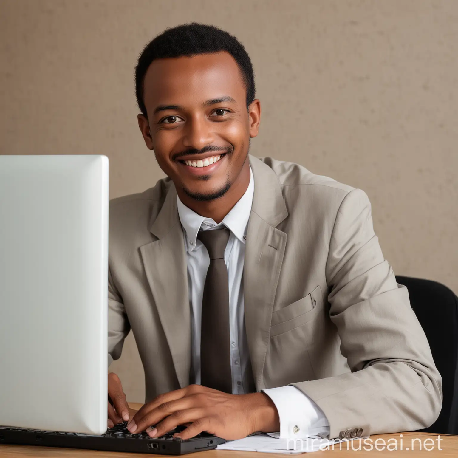 Ethiopian Professional Man Working on Computer with Smiling Demeanor