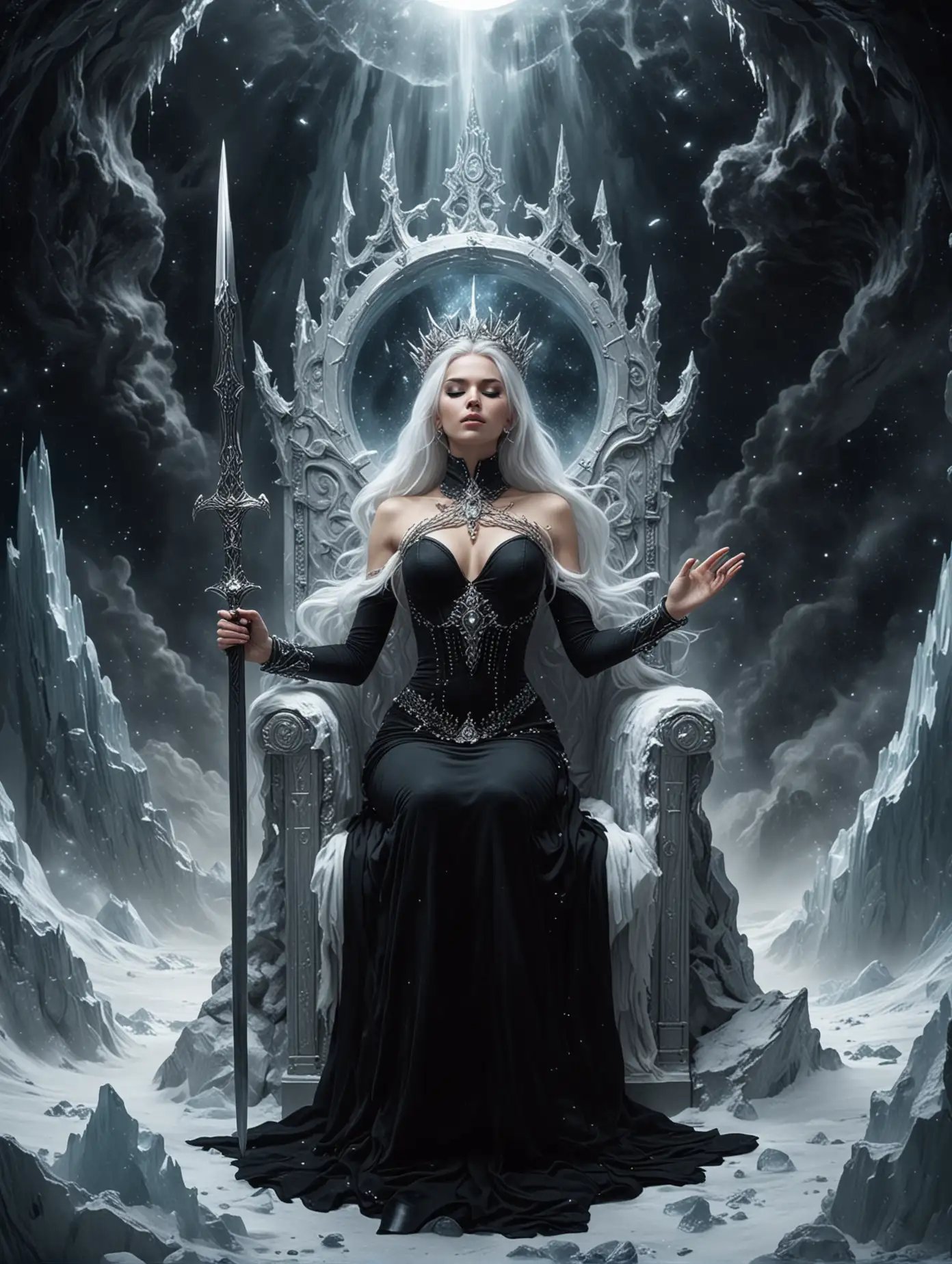 Goddess-of-Frost-Enthroned-in-Celestial-Majesty-Amidst-Cosmic-Darkness
