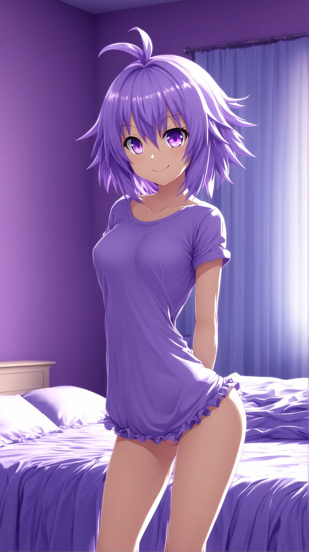 Draw a high quality picture of Neptune from Hyperdimension Neptunia, short lavender hair, purple eyes, lively, bouncy, perky figure, ambient lighting, long shot, seductive pose, indoors, bedroom, casual outfit, smiling at the viewer