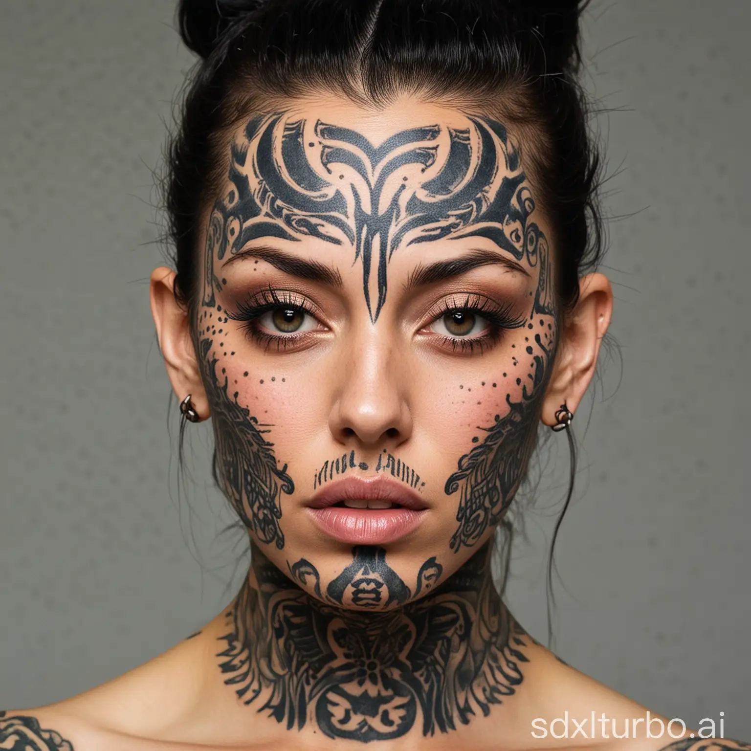 Eine Frau mit extremen Tattoos im kompletten Gesicht
