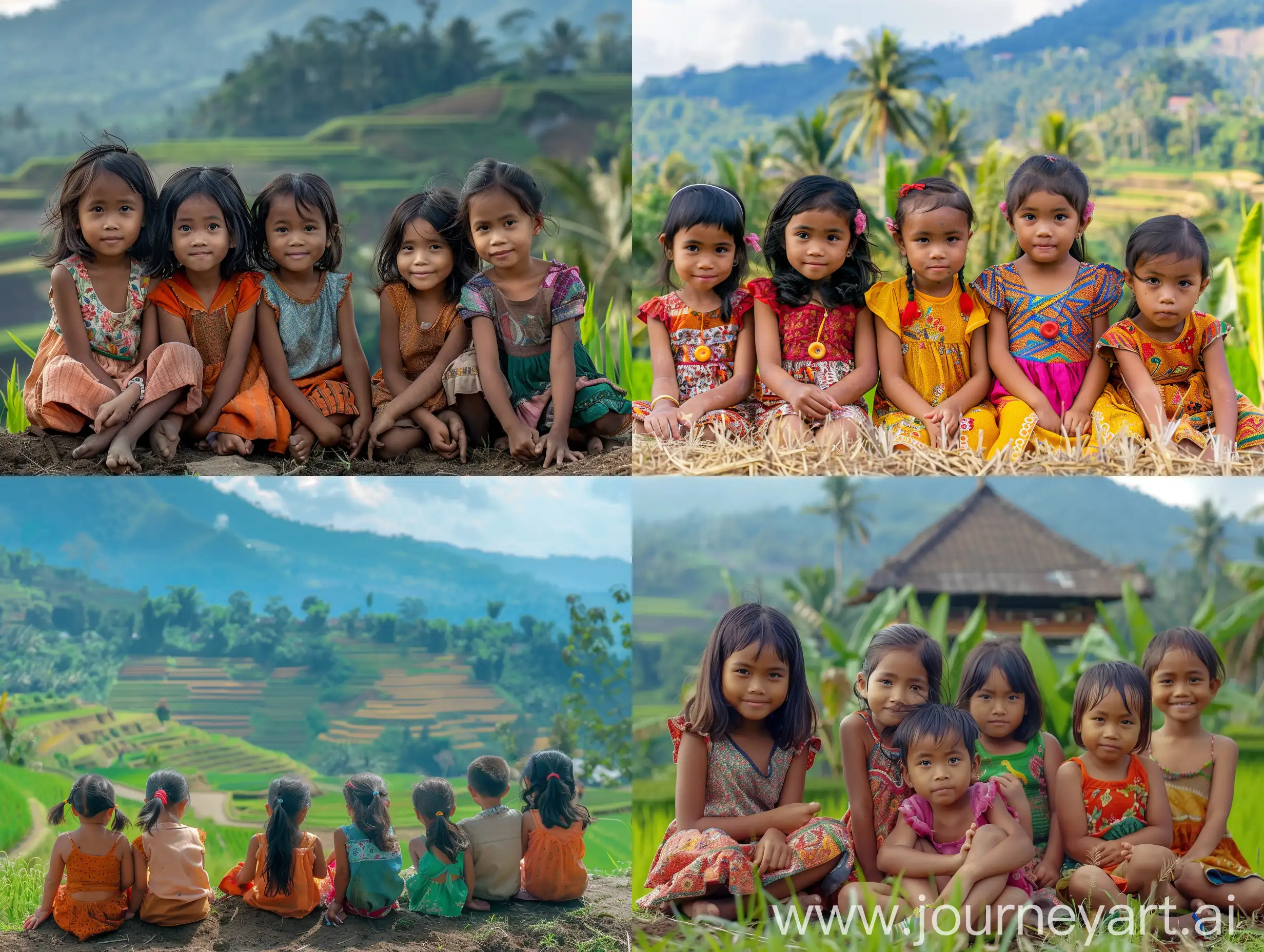 6 enam gadis desa cantik indonesia cilik berusia 7 tahun. Mereka berenam sedang duduk rapih diatas bukit. Dibelakangnya ada sawah dangl gunung bukit indah. Leica kamera. 8K HD. sangat detail.