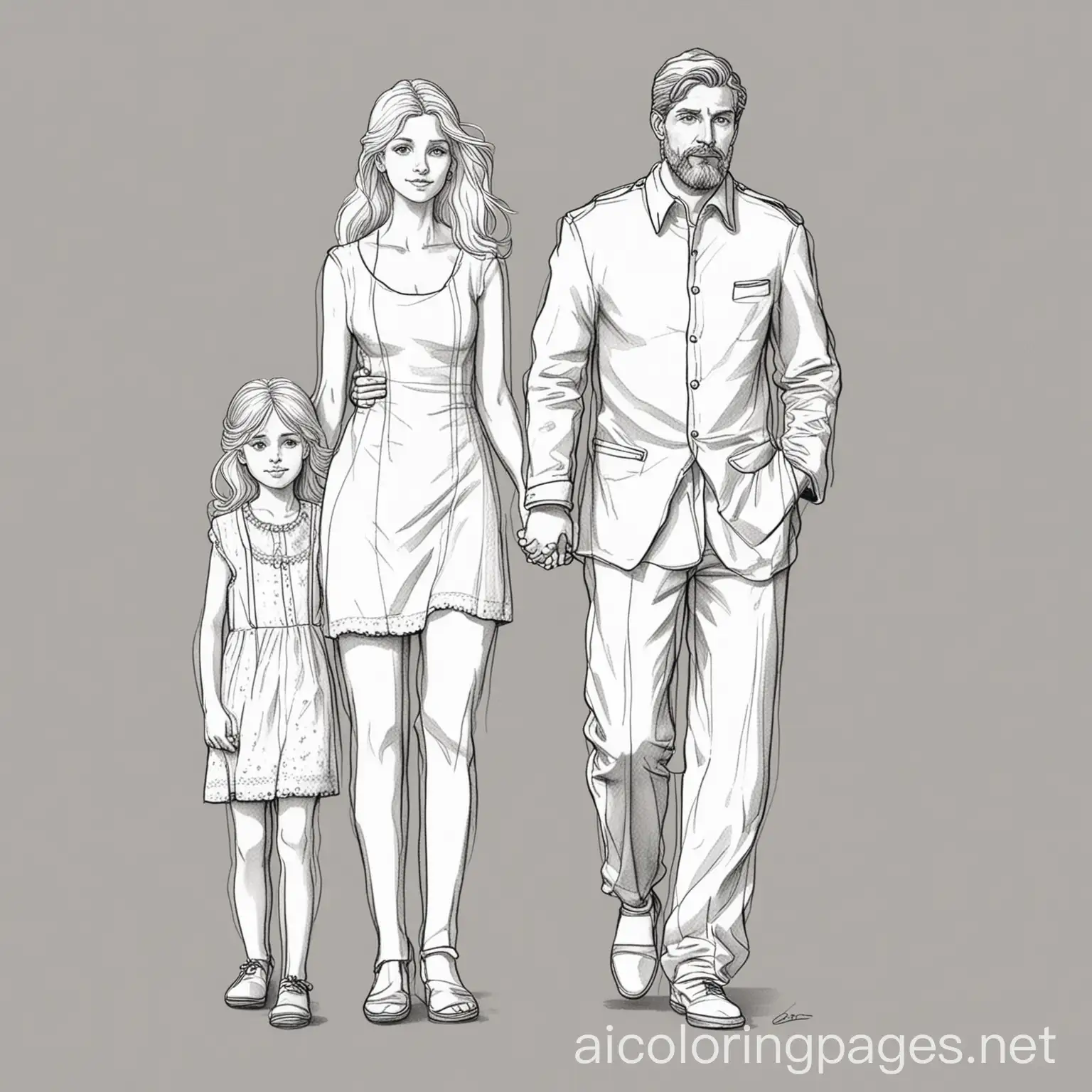 man, lady, children of Barcelona Grey and White, Coloring Page, black and white, line art, white background, Simplicity, Ample White Space