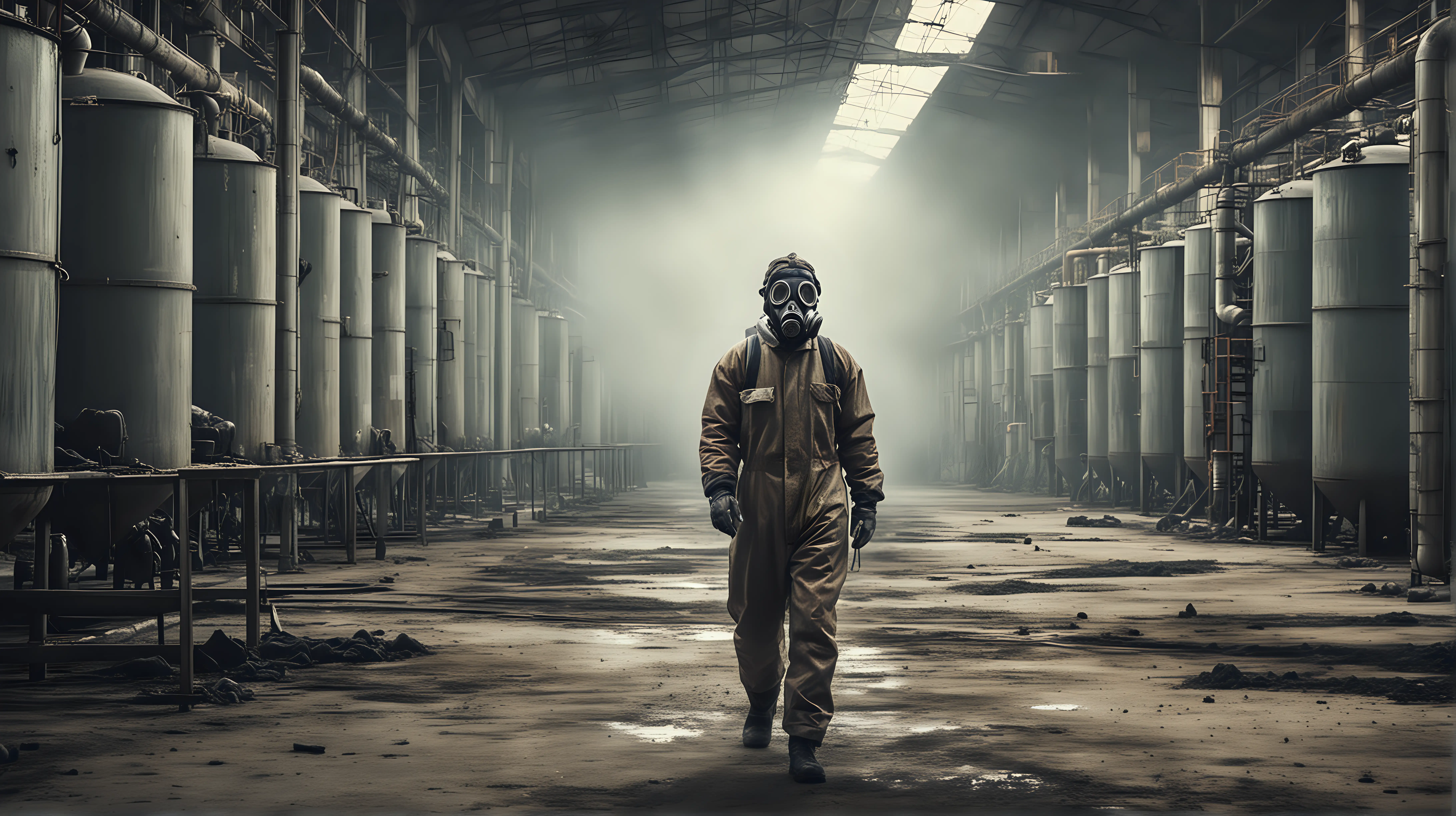 Distant Worker Decontaminating in Large Factory with Gas Mask Grunge Industrial Scene