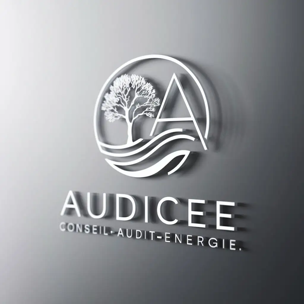 a logo design,with the text "AUDICEE, Conseil-Audit-Energie", main symbol:terre, arbre, wave, letter A,complex,be used in ENERGIE industry,clear background