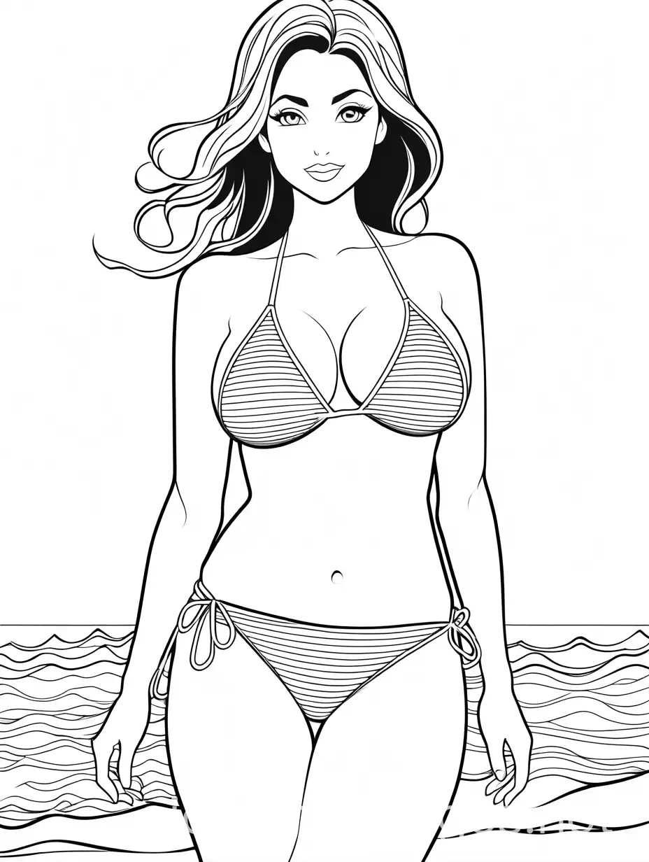 busty girl in bikini
, Coloring Page, black and white, line art, white background, Simplicity, Ample White Space. The background of the coloring page is plain white to make it easy for young children to color within the lines. The outlines of all the subjects are easy to distinguish, making it simple for kids to color without too much difficulty