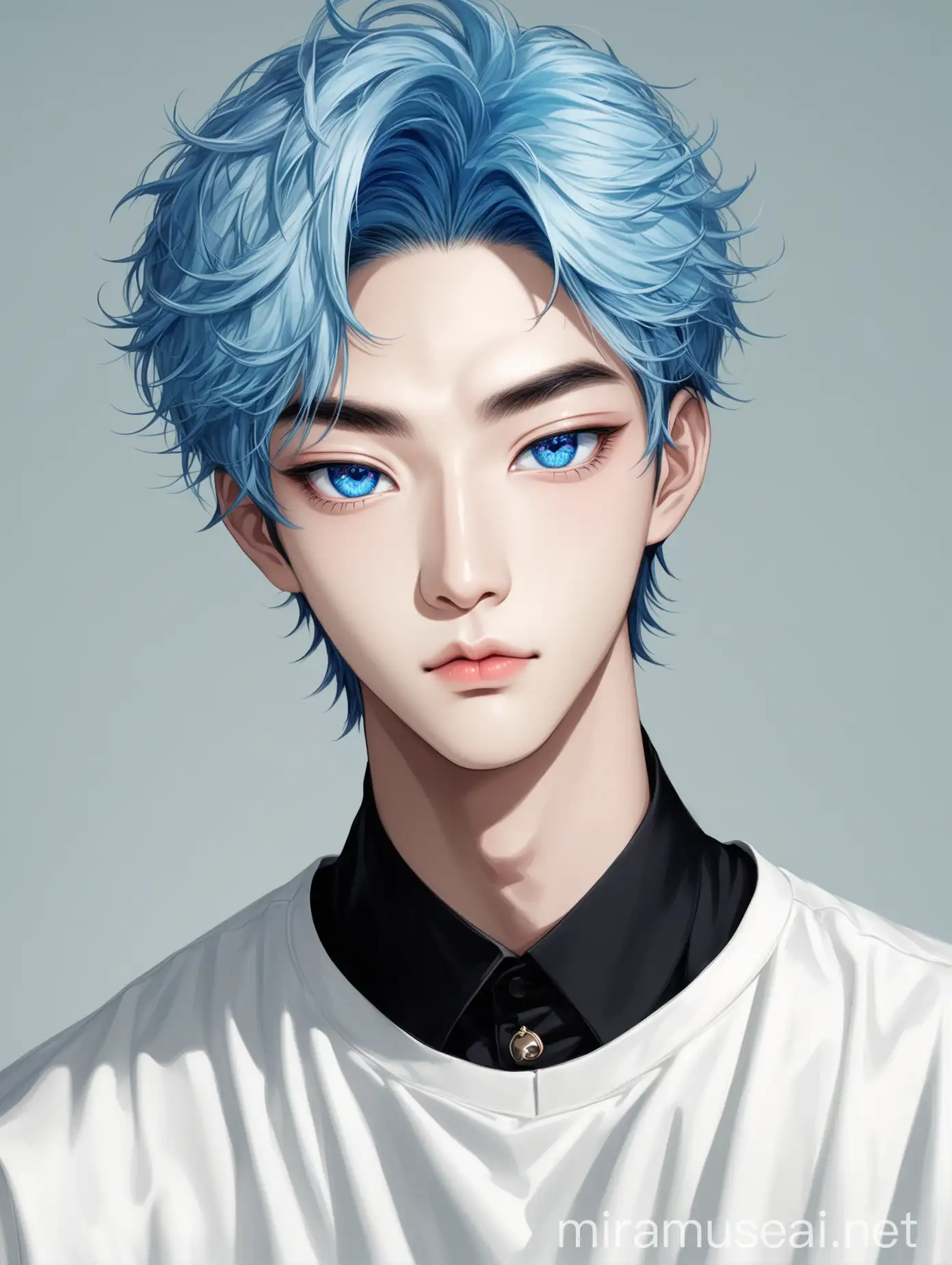 A very handsome attractive cool elegant looking Korean kpop male idol, facial features: (blue hair, sea blue eyes, straight upturned nose, monolid big doe almond eyes, lower fuller lips, round borderlining heart shaped small face, straight eyebrows 
)Wearing black long coat with belt with white tshirt inside, tight skinny black pants ,boots