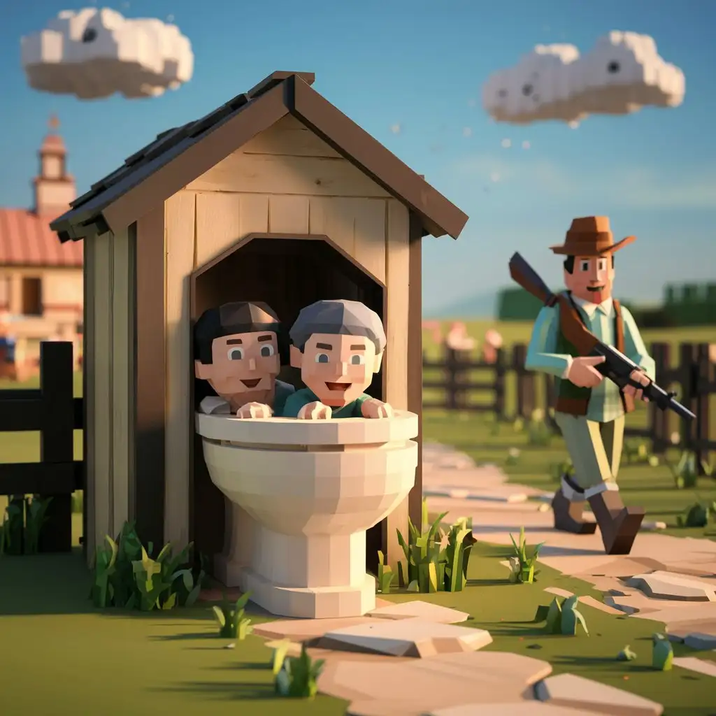 voxel rural toilet. Two voxel low-poly characters are hiding inside the toilet. To the right of the toilet, a voxel low-poly hunter is walking and looking for them. In the background is a voxel rural ranch. Blue happy sky. Fun mood