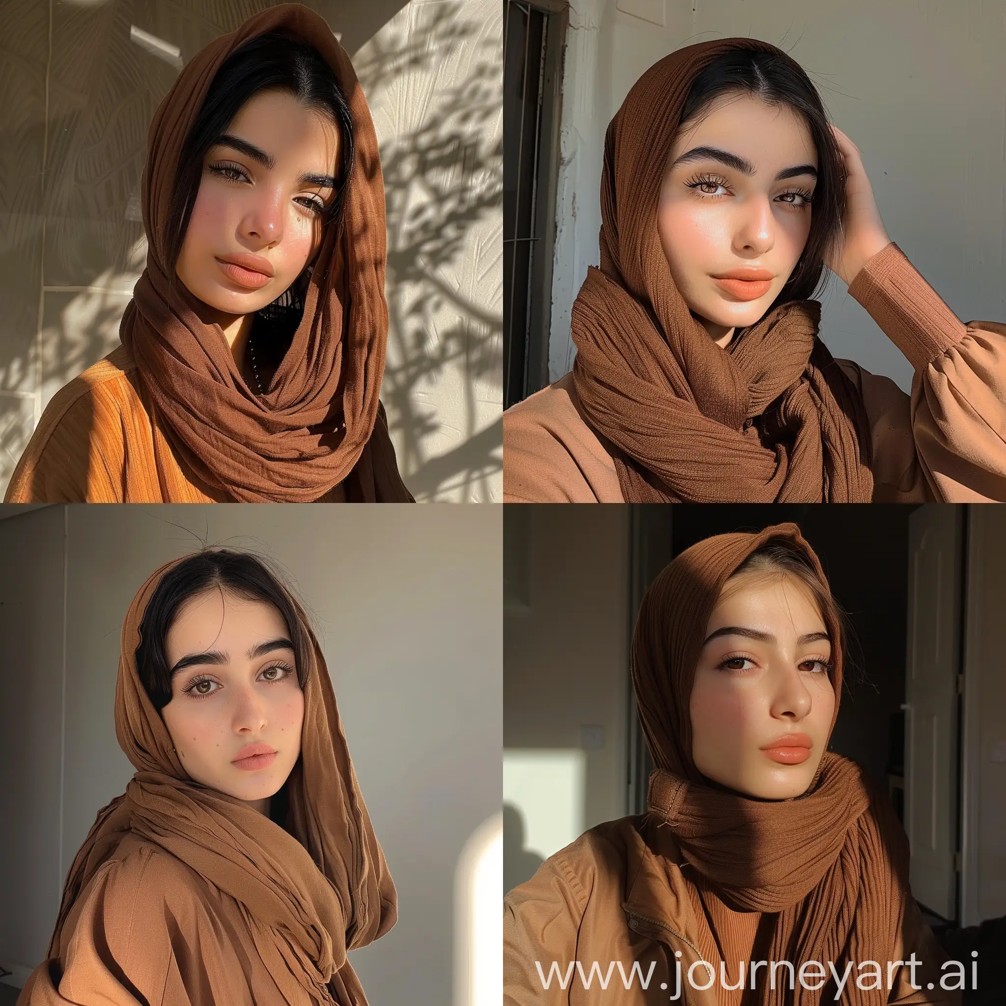 Aesthetic instagram selfie of an Iraqi female teenage influencer, soft brown clothing, dark warm color tones--ar 9:16