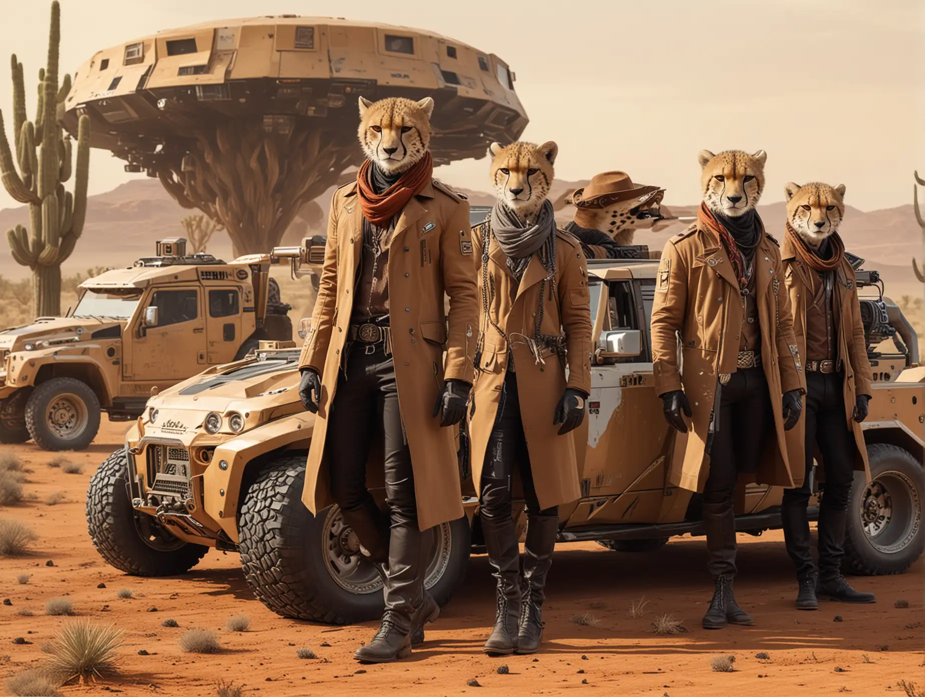 a futuristic group of cheetah cowboys in brown coats and black trousers with cowboy tech-hats on their head. They are in huge futuristic cyber-tech vehicles. The background is a savanna with cactuses. Powder behind the vehicles!