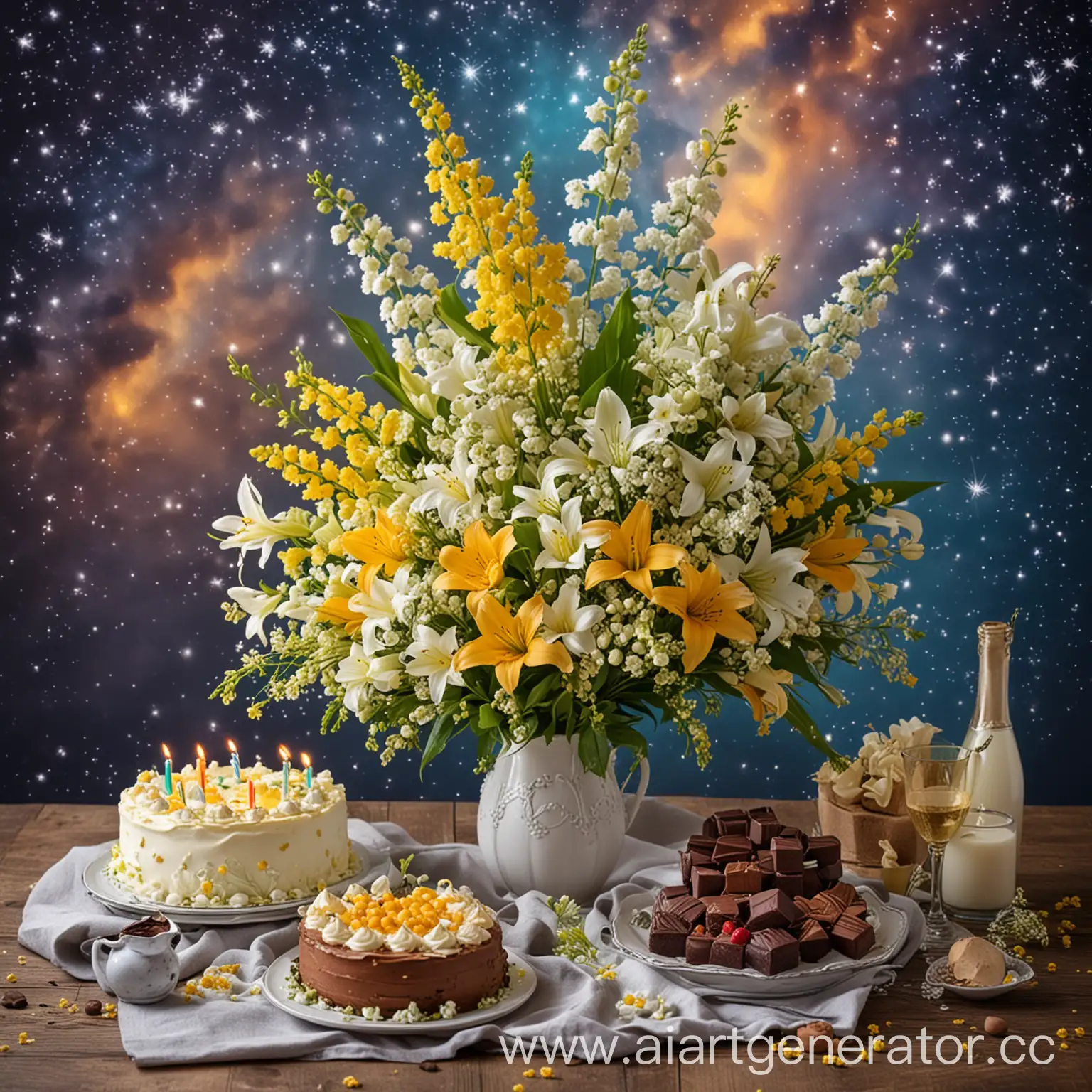 Букет колокольчиков и ландышей, мимоза, праздничный торт, шоколад и конфеты, красивое небо и звезды

