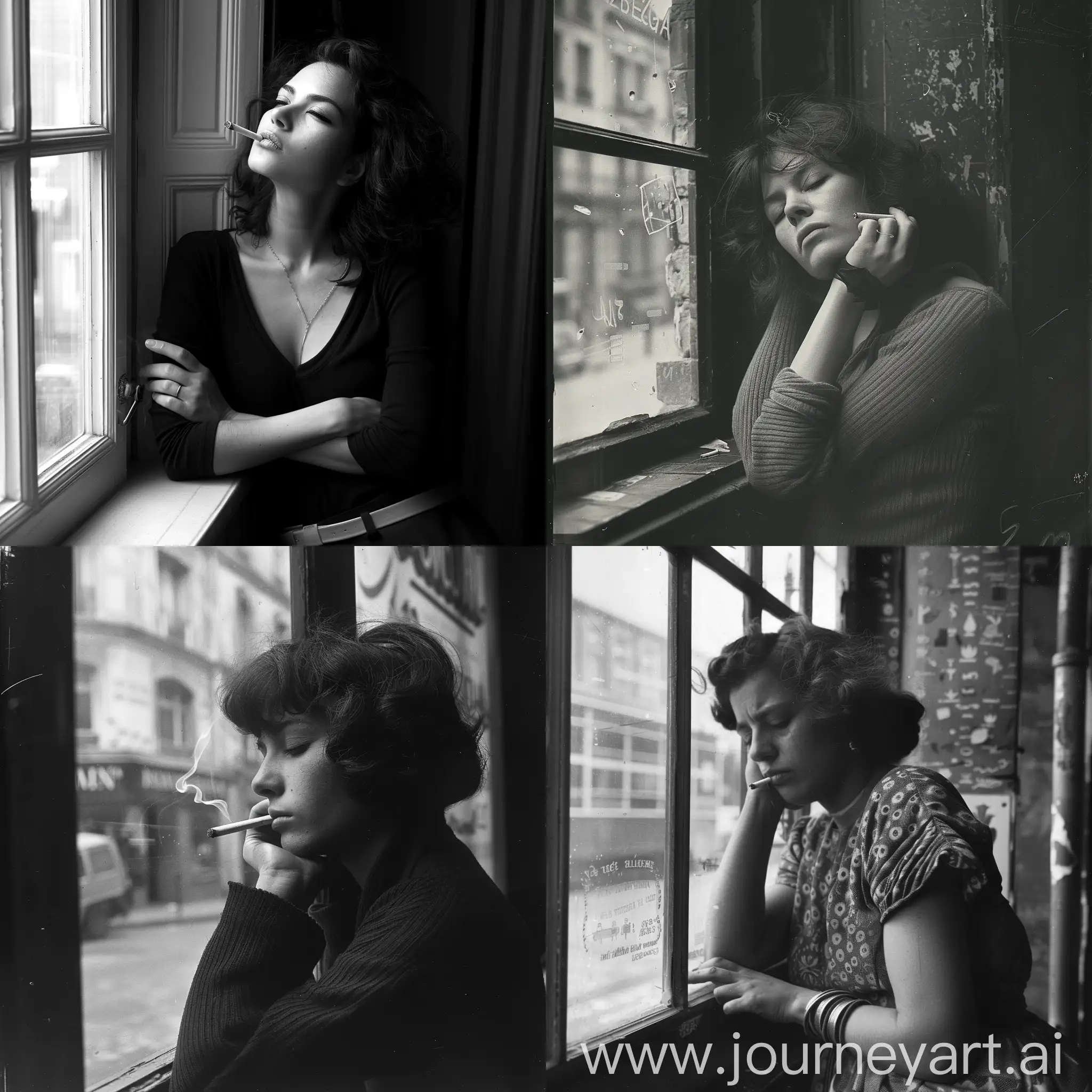 A woman with a cigarette leaned against the window