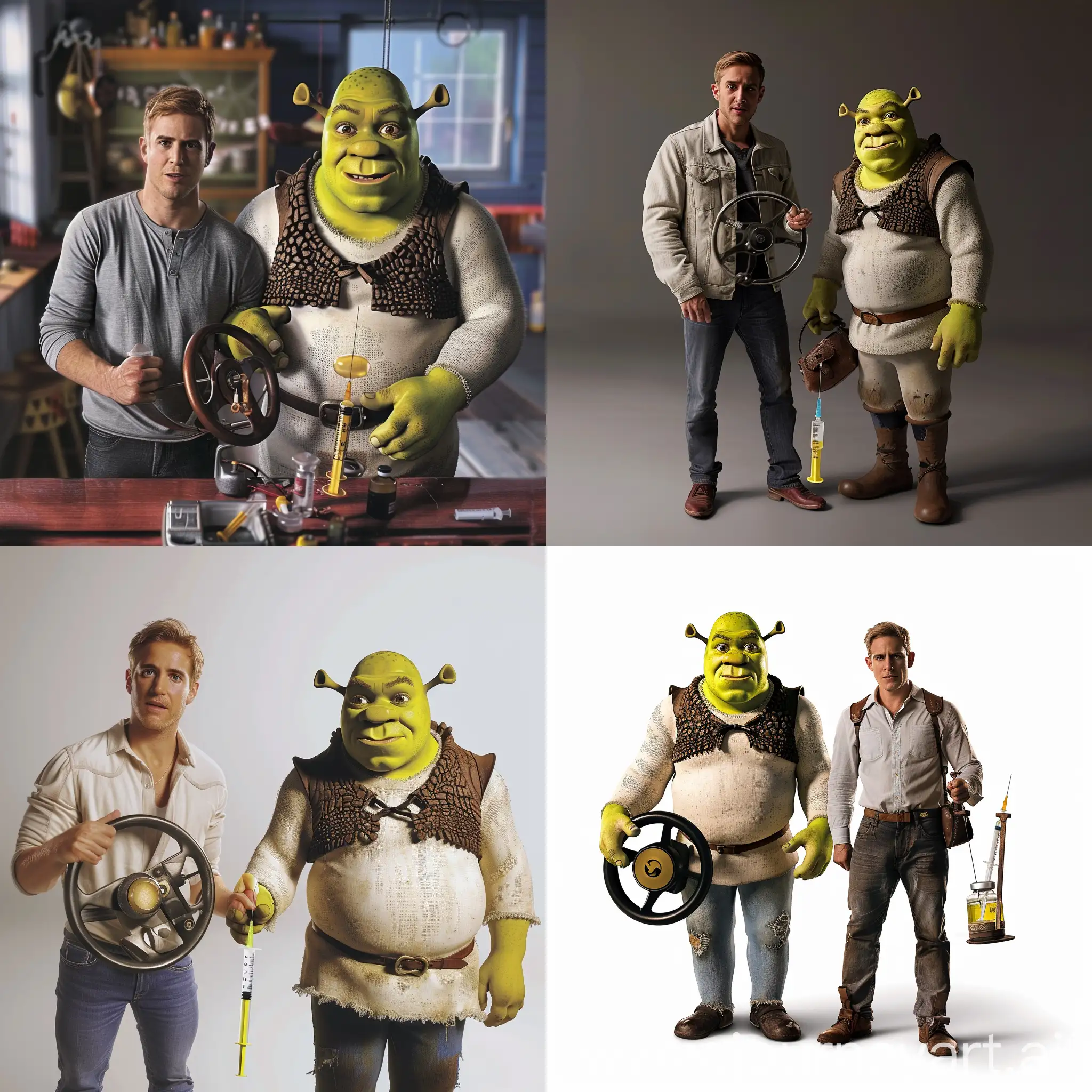 Ryan-Gosling-and-Shrek-Pose-with-Steering-Wheel-and-Syringe
